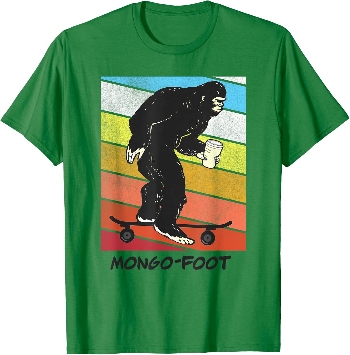 Mongo Foot Bigfoot Sasquatch Skateboard Skating with Coffee T-Shirt - T-Shirt | Irish Green