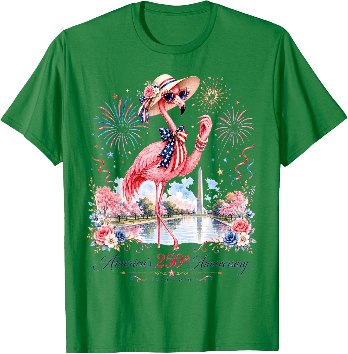 Patriotic Pink Flamingo Reflecting Pool 250 Years T-Shirt - T-Shirt | Irish Green
