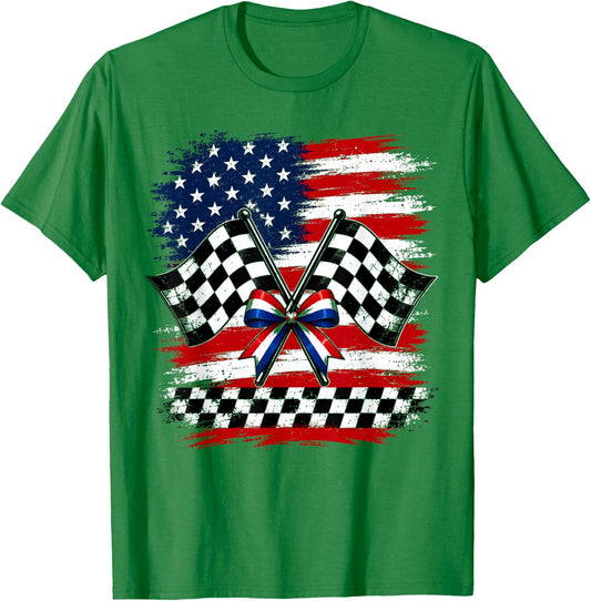 4th of July USA Patriotic Racing Flags Checkered Race Day T-Shirt - T-Shirt | Irish Green