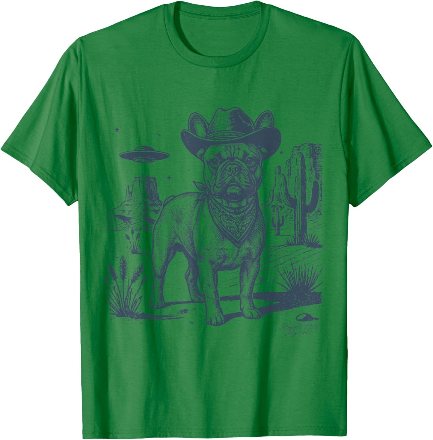 Vintage Alien UFO Western Cowboy French Bulldog Dog Desert T-Shirt - T-Shirt | Irish Green