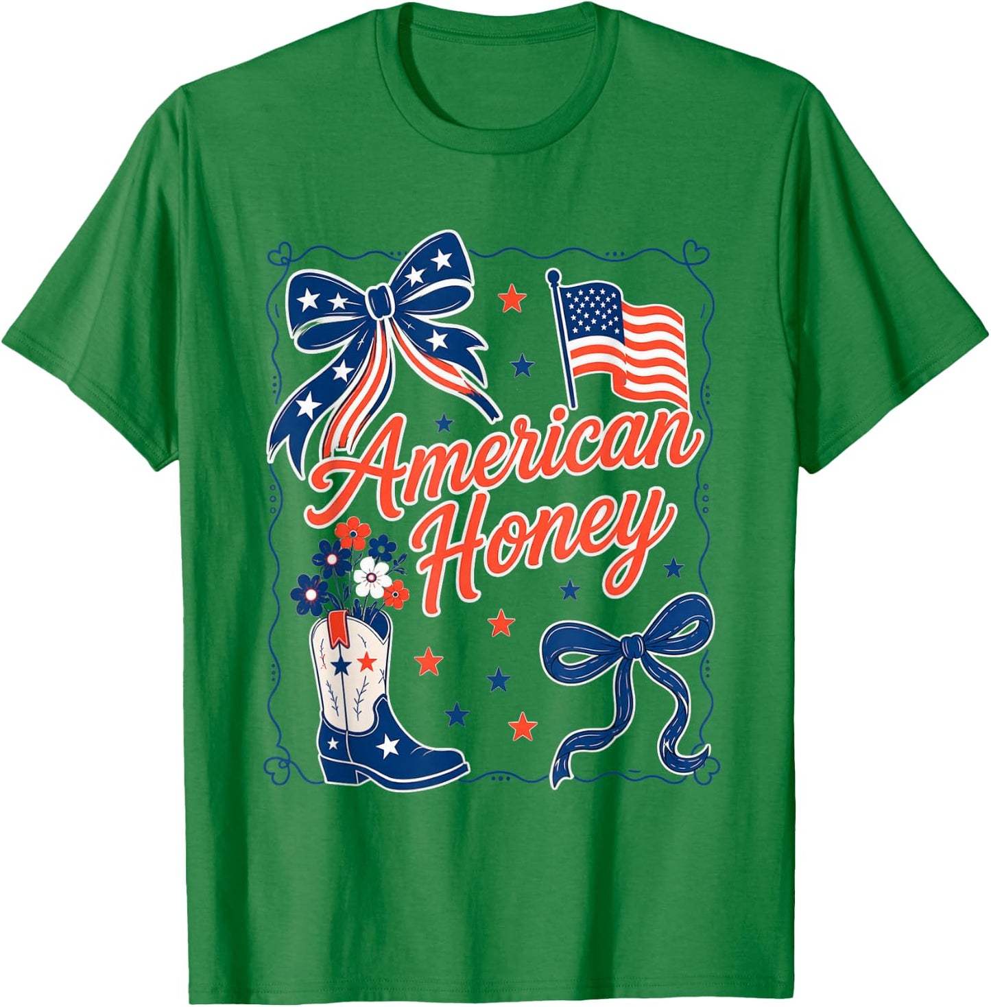 American Honey Retro Coquette Bow Patriotic 4th of July T-Shirt - T-Shirt | Irish Green