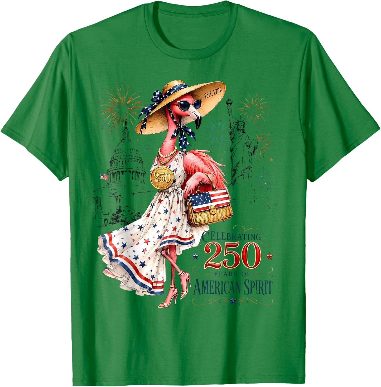 Patriotic Flamingo 250 Years American Spirit T-Shirt - T-Shirt | Irish Green