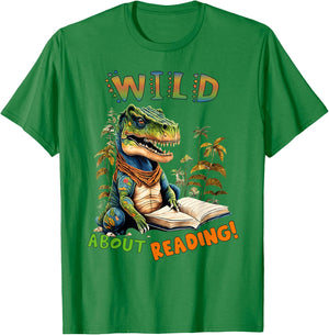 Librarian Teacher Kids Wild About Reading Dinosaur Reading T-Shirt - T-Shirt | Irish Green