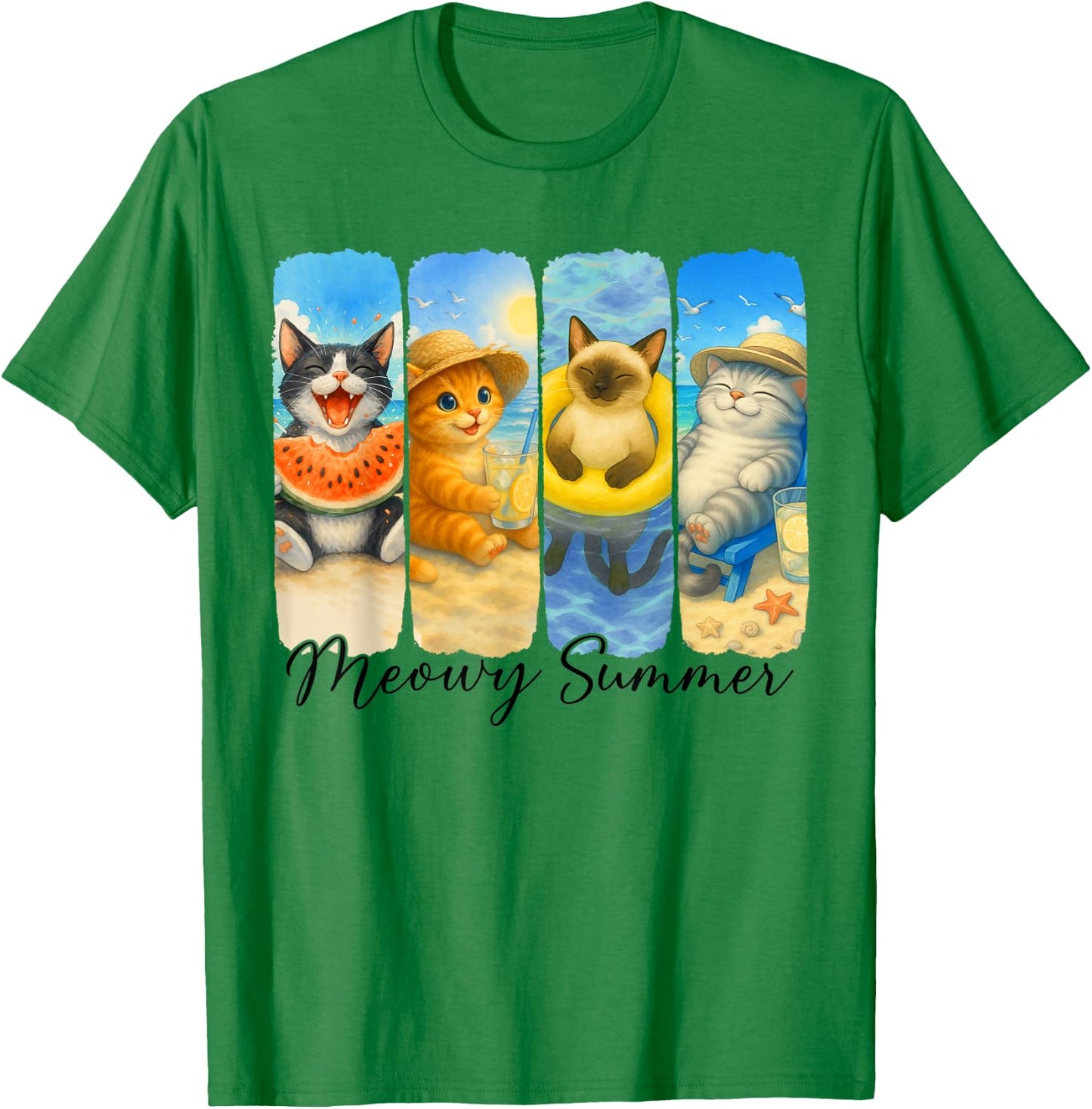 Summer Cat Meowy Summer Beach Vacation Cat Mom Dad T-Shirt - T-Shirt | Irish Green