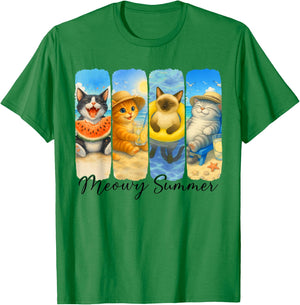 Summer Cat Meowy Summer Beach Vacation Cat Mom Dad T-Shirt - T-Shirt | Irish Green