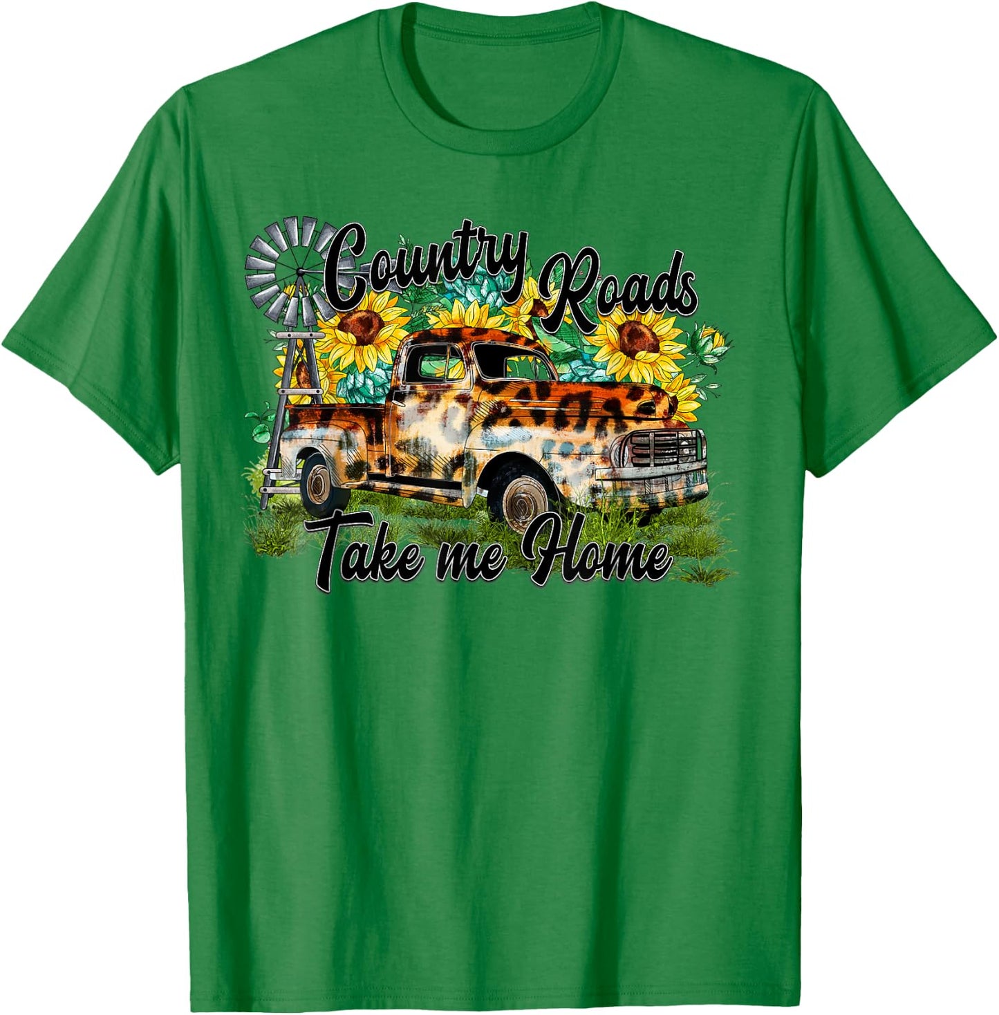 Country Roads Leopard Truck Sunflower Windmill Western T-Shirt - T-Shirt | Irish Green