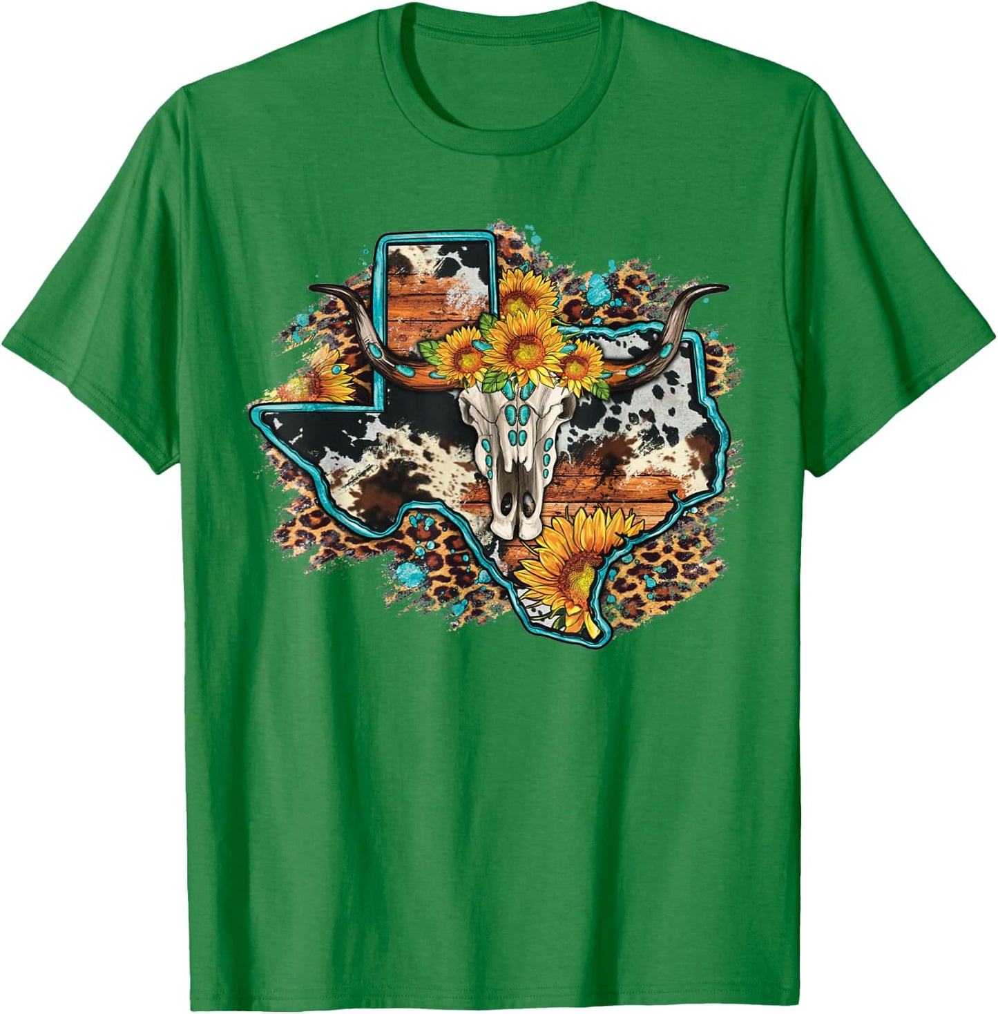 Bull Skull Leopard Cowhide Sunflower Texas Map Western T-Shirt - T-Shirt | Irish Green