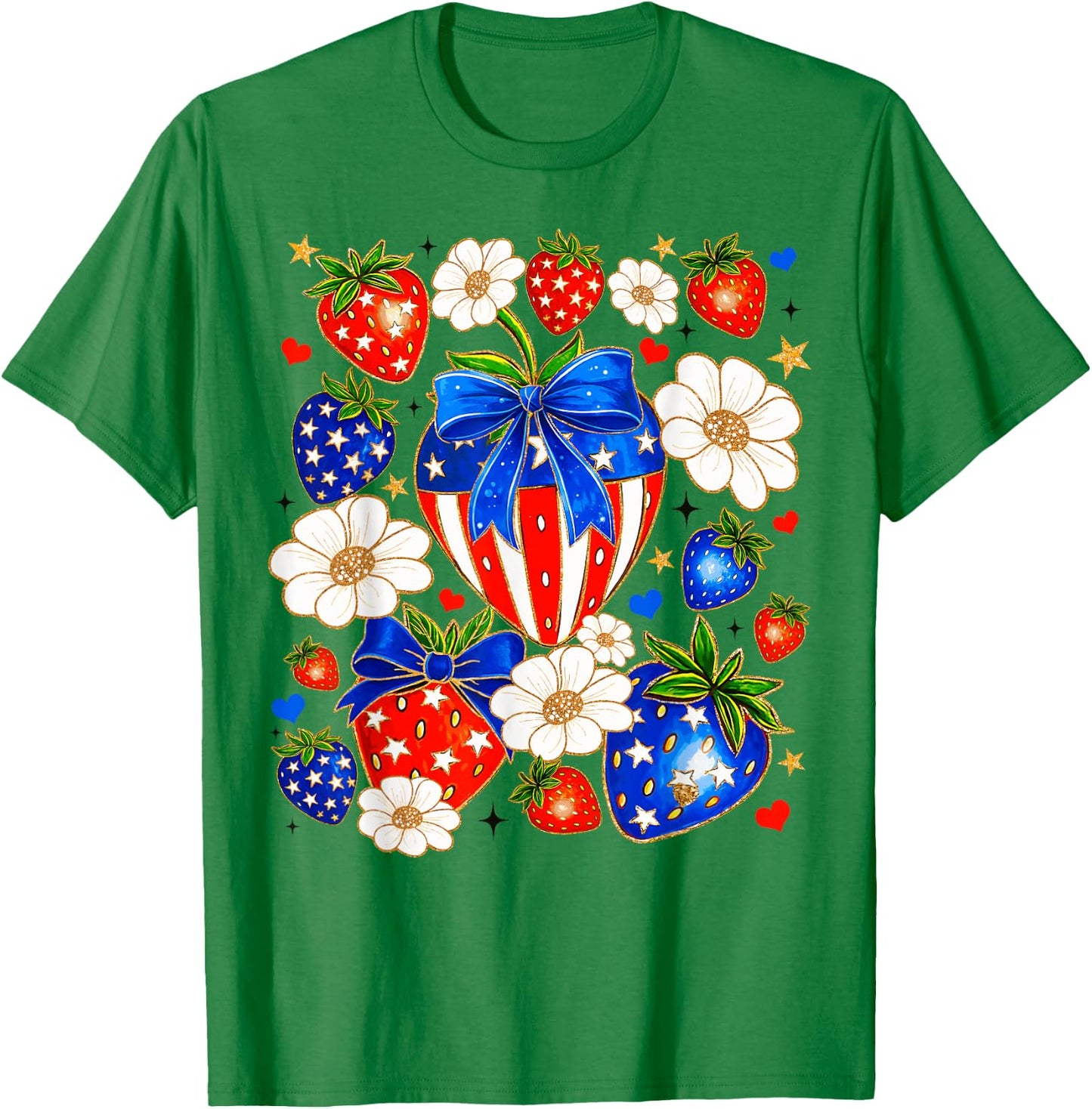 Cute Strawberries Bow USA Flag Independence Day 4th Of July T-Shirt - T-Shirt | Irish Green