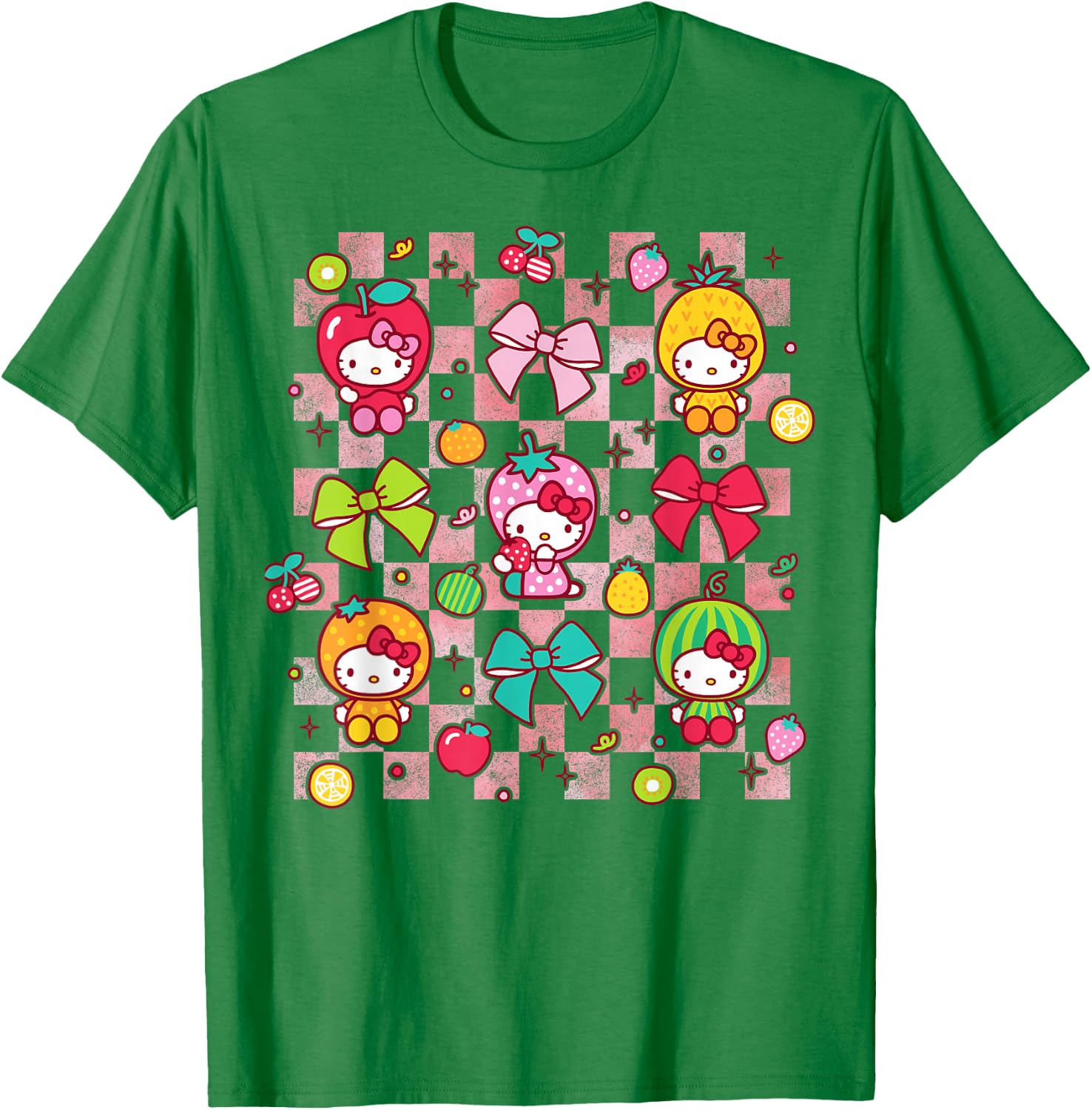 Hello Kitty Bows and Fruit Costumes Chekered Background T-Shirt - T-Shirt | Irish Green
