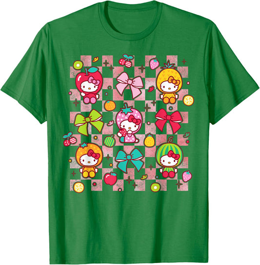 Hello Kitty Bows and Fruit Costumes Chekered Background T-Shirt - T-Shirt | Irish Green