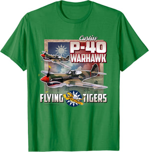 Check Six Military Aviation Store: P-40 Warhawk Flying Tigers - Men's Grey Classic Fit Short Sleeve T-Shirt - T-Shirt | Irish Green