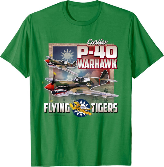 Check Six Military Aviation Store: P-40 Warhawk Flying Tigers - Men's Grey Classic Fit Short Sleeve T-Shirt - T-Shirt | Irish Green