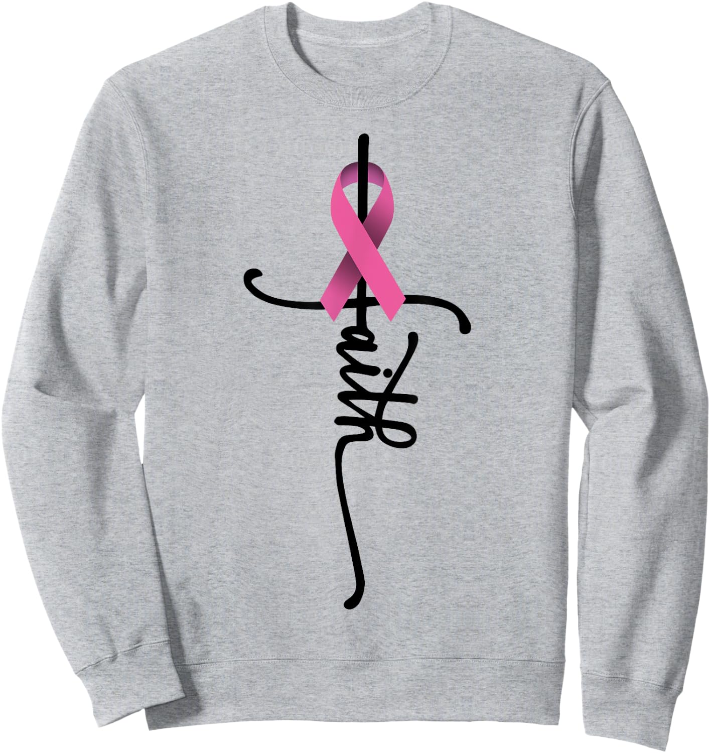 Faith Cross Warrior Survivor Pink Ribbon Breast Cancer Sweatshirt - Sweatshirt | Ash