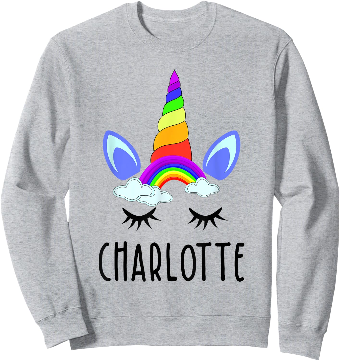 Charlotte Rainbow Unicorn Personalized Girl's First Name Sweatshirt - Sweatshirt | Ash