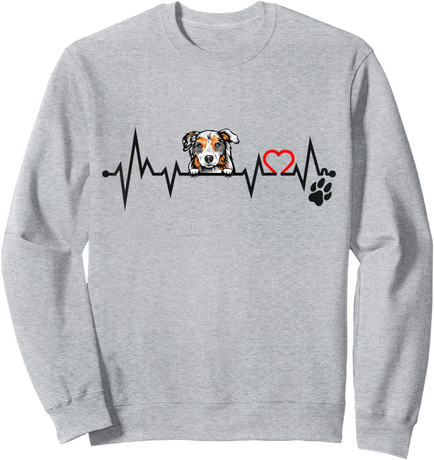 Peeking Australian Shepherd EKG Heartbeat With Paw Print Sweatshirt - Sweatshirt | Ash