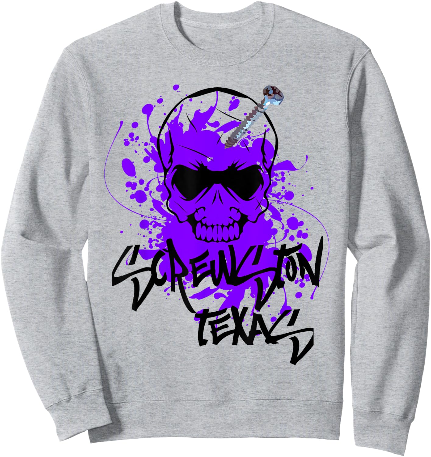 Screwston Texas | Screwhead Skeleton Skull with Purple Paint Sweatshirt - Sweatshirt | Ash