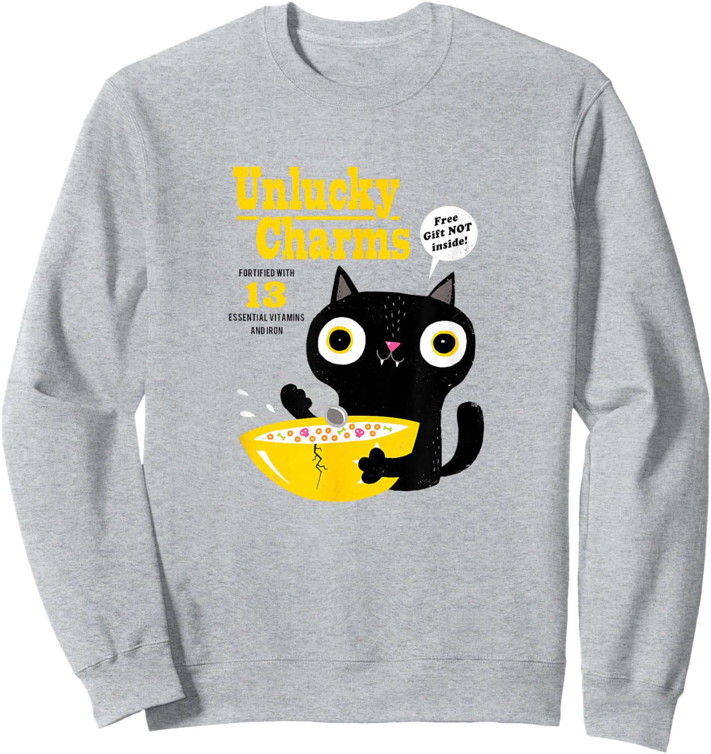 Funny Cat Cereal: Unlucky Charms-Official DinoMike Design Sweatshirt - Sweatshirt | Ash