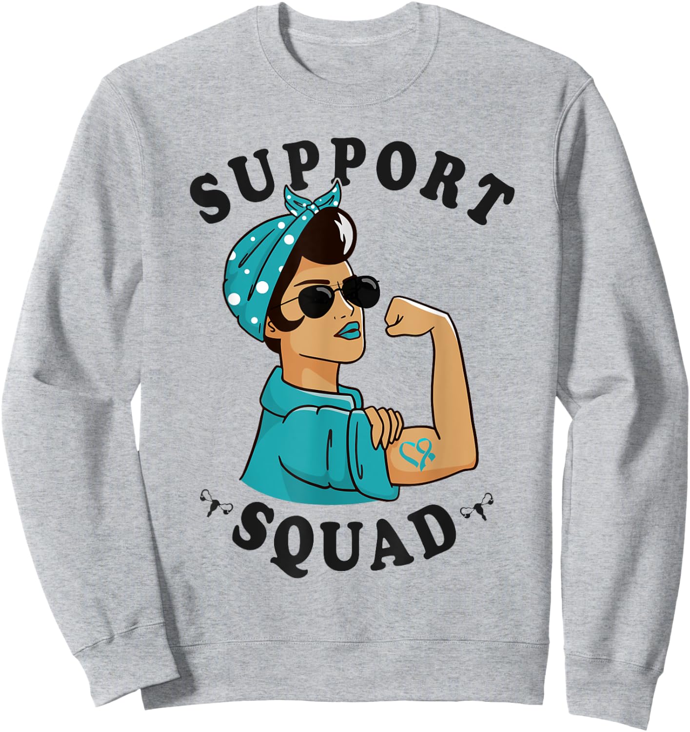 "Support Squad" Teal Ribbon Bandana Women Ovarian Cancer Sweatshirt - Sweatshirt | Ash