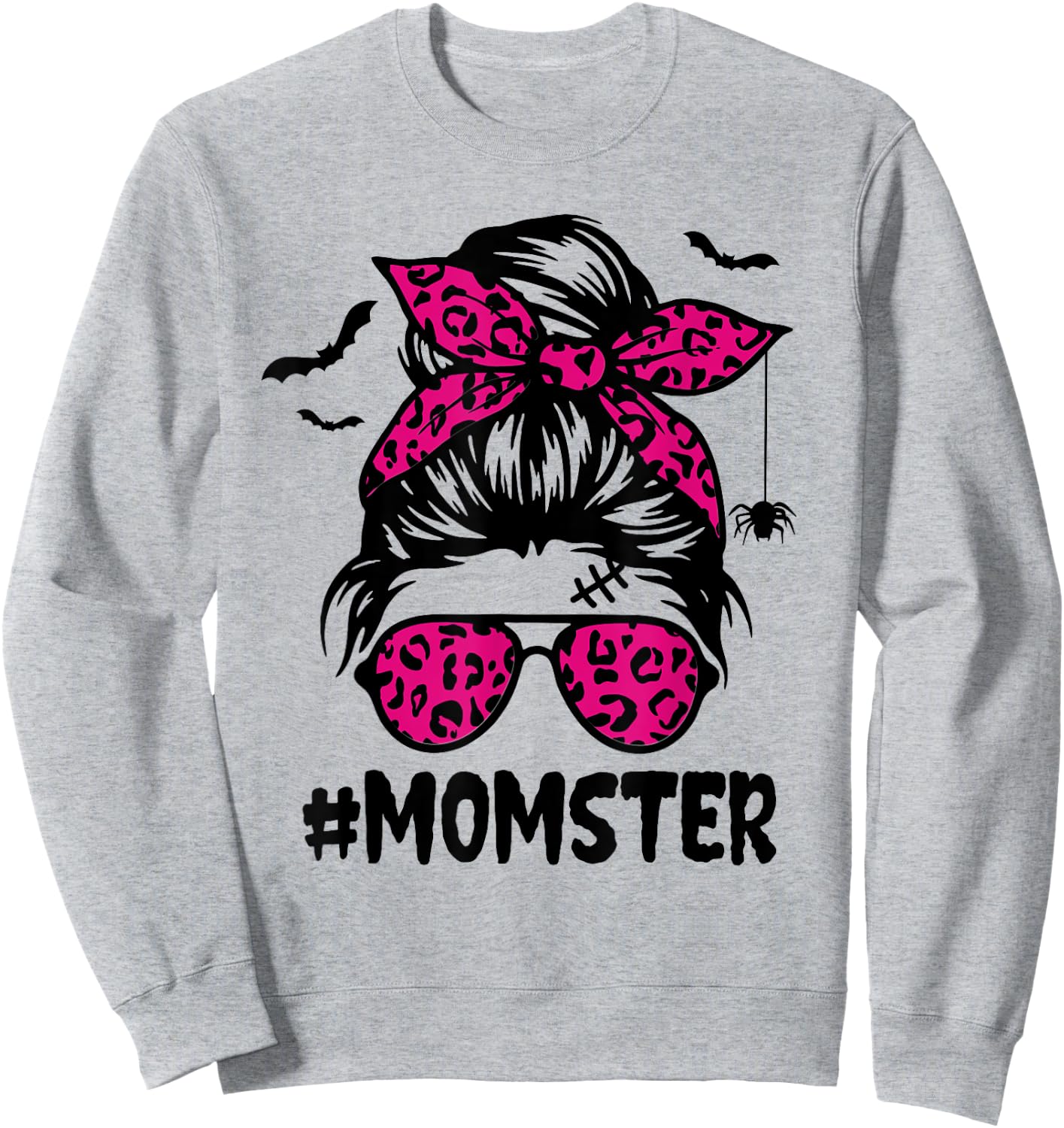 Momster Shirt Halloween Mom Messy Bun Leopard Sweatshirt - Sweatshirt | Ash