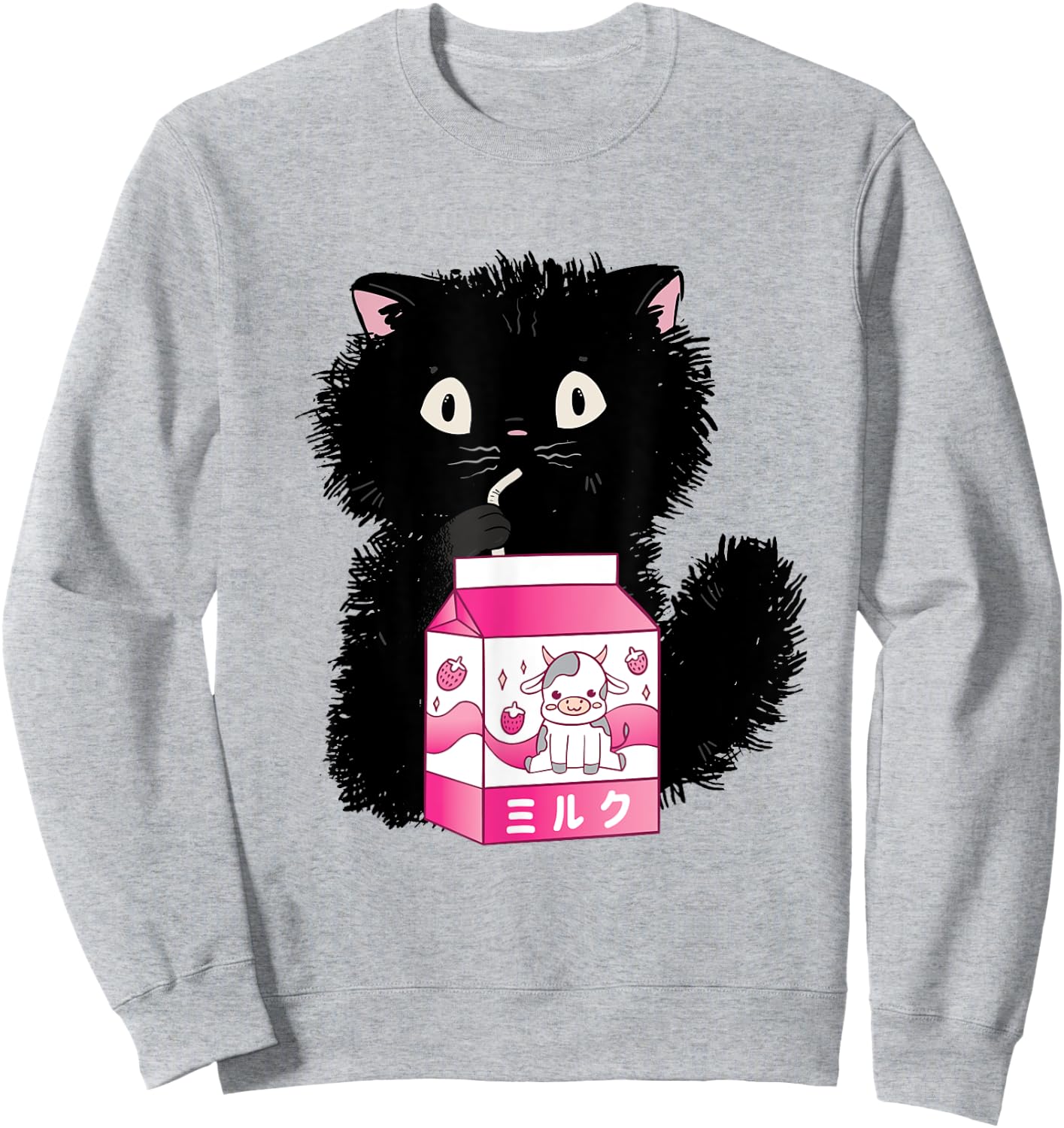 Girls Cute Cat Strawberry Milk Kawaii Cow and Kitten Sweatshirt - Sweatshirt | Ash