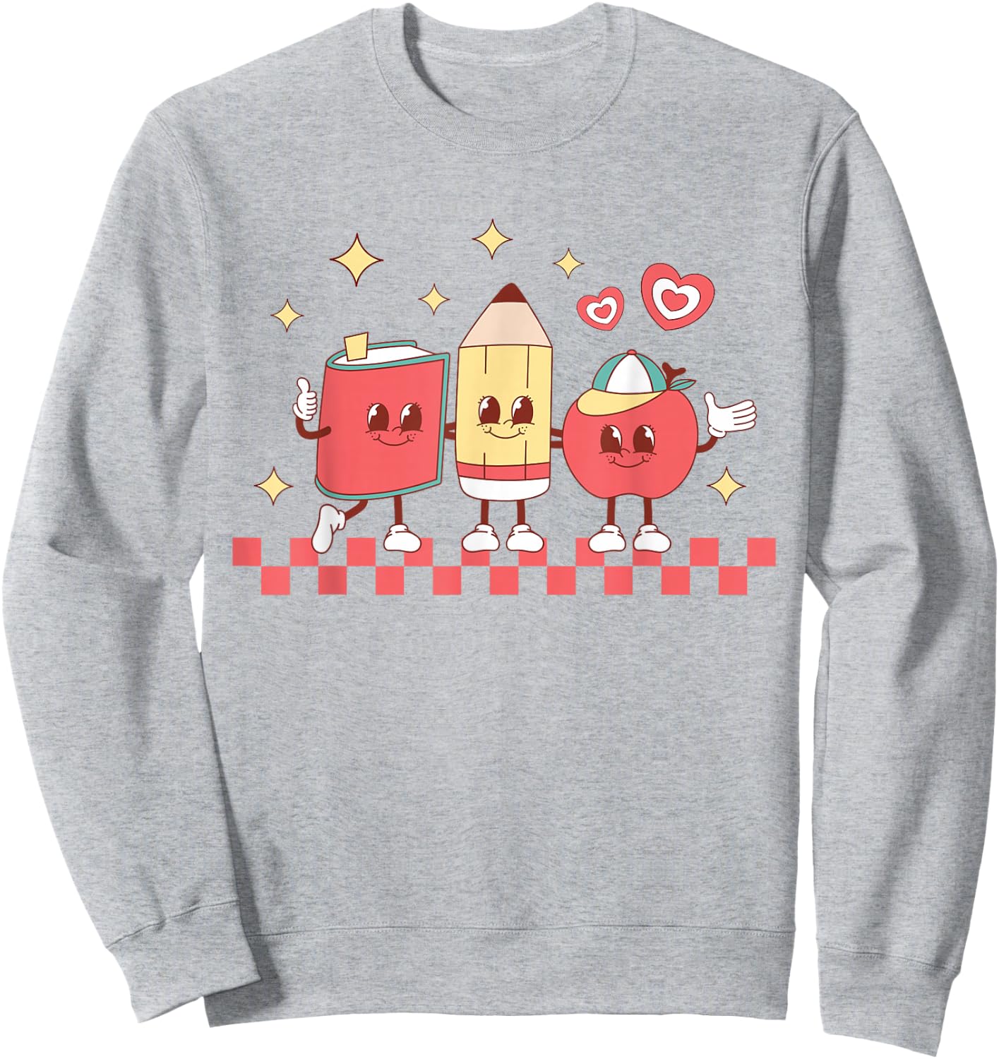 Cute Retro Checkered Apple with Face Teacher Pencil Trendy Sweatshirt - Sweatshirt | Ash