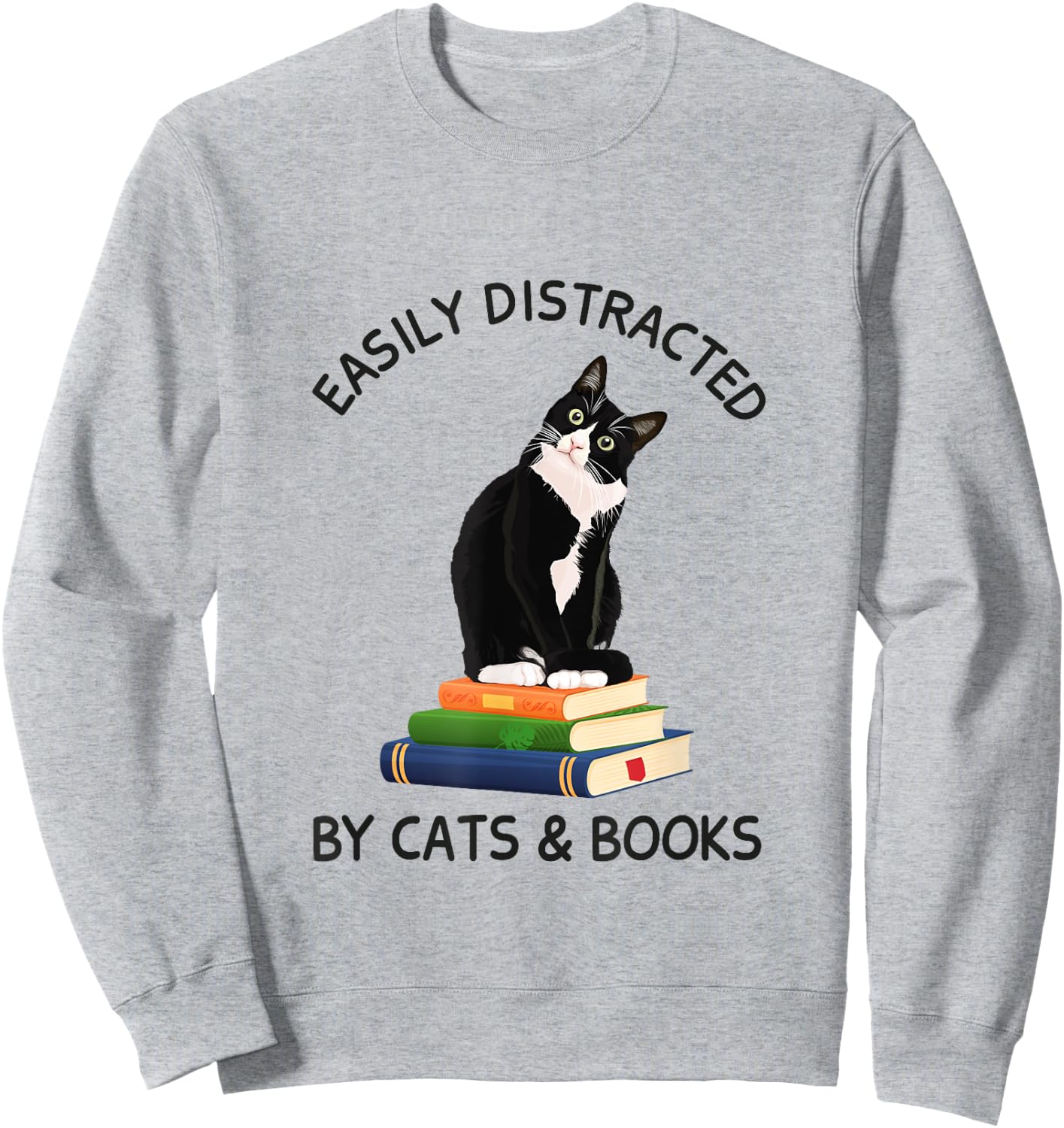 Easily Distracted By Cats And Books, Cat On A Pile Of Books Women Kids Sweatshirt - Sweatshirt | Ash