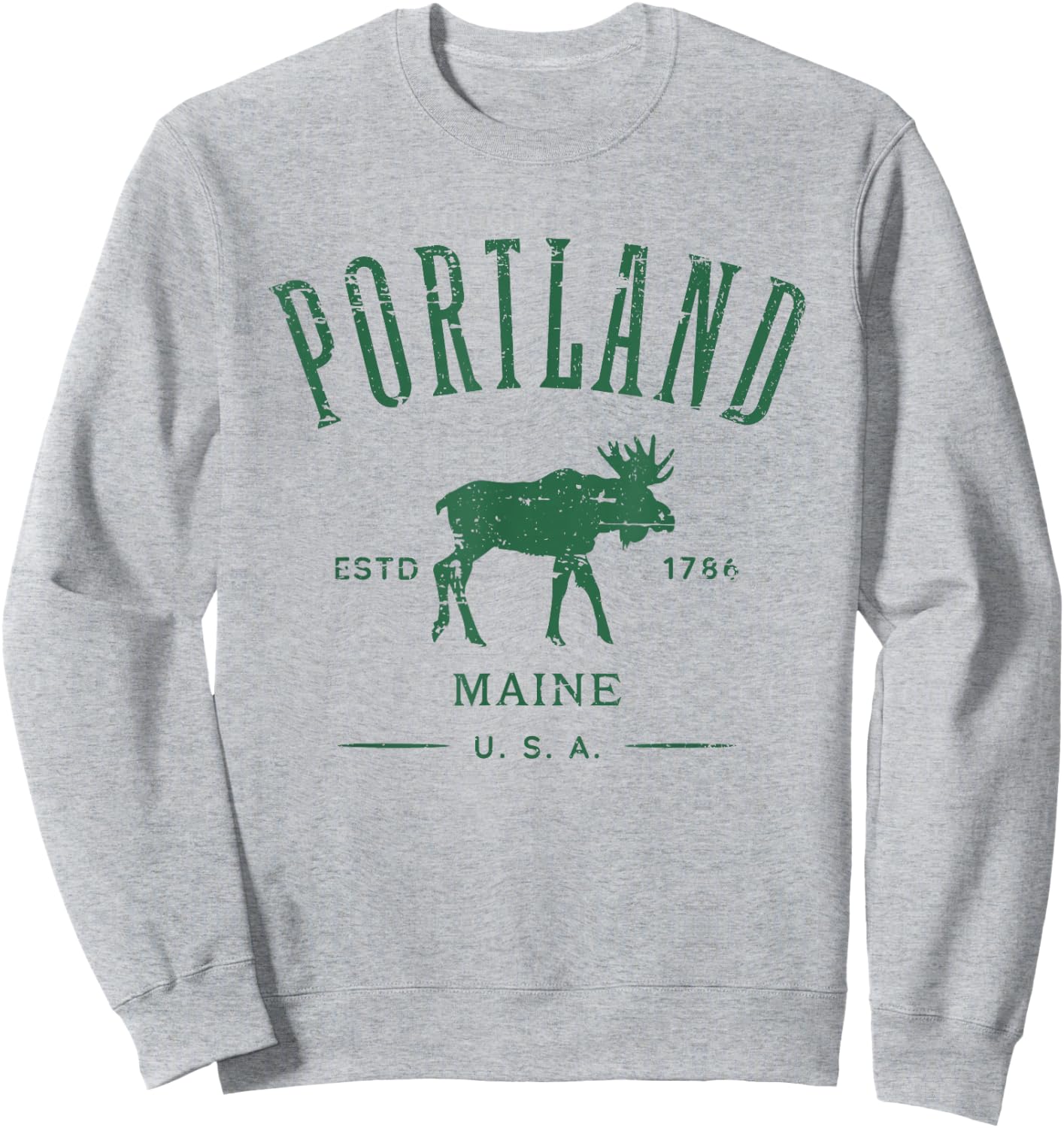 Portland Maine USA with Moose Distressed Design Souvenir Sweatshirt - Sweatshirt | Ash