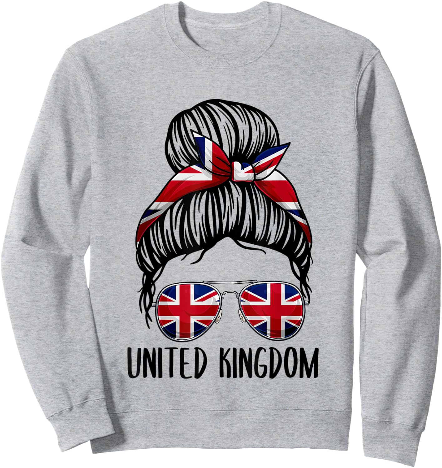 United Kingdom Shirt For Girls Women, Messy Bun British Flag Sweatshirt - Sweatshirt | Ash