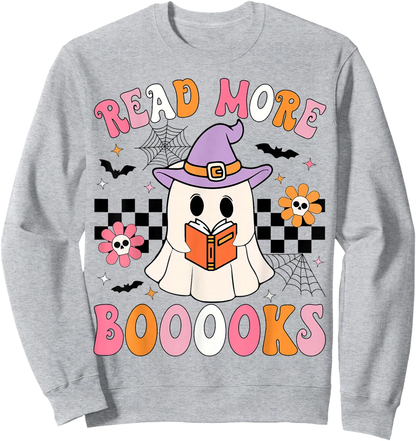 Groovy Booooks Ghost Read More Books Funny Teacher Halloween Sweatshirt - Sweatshirt | Ash
