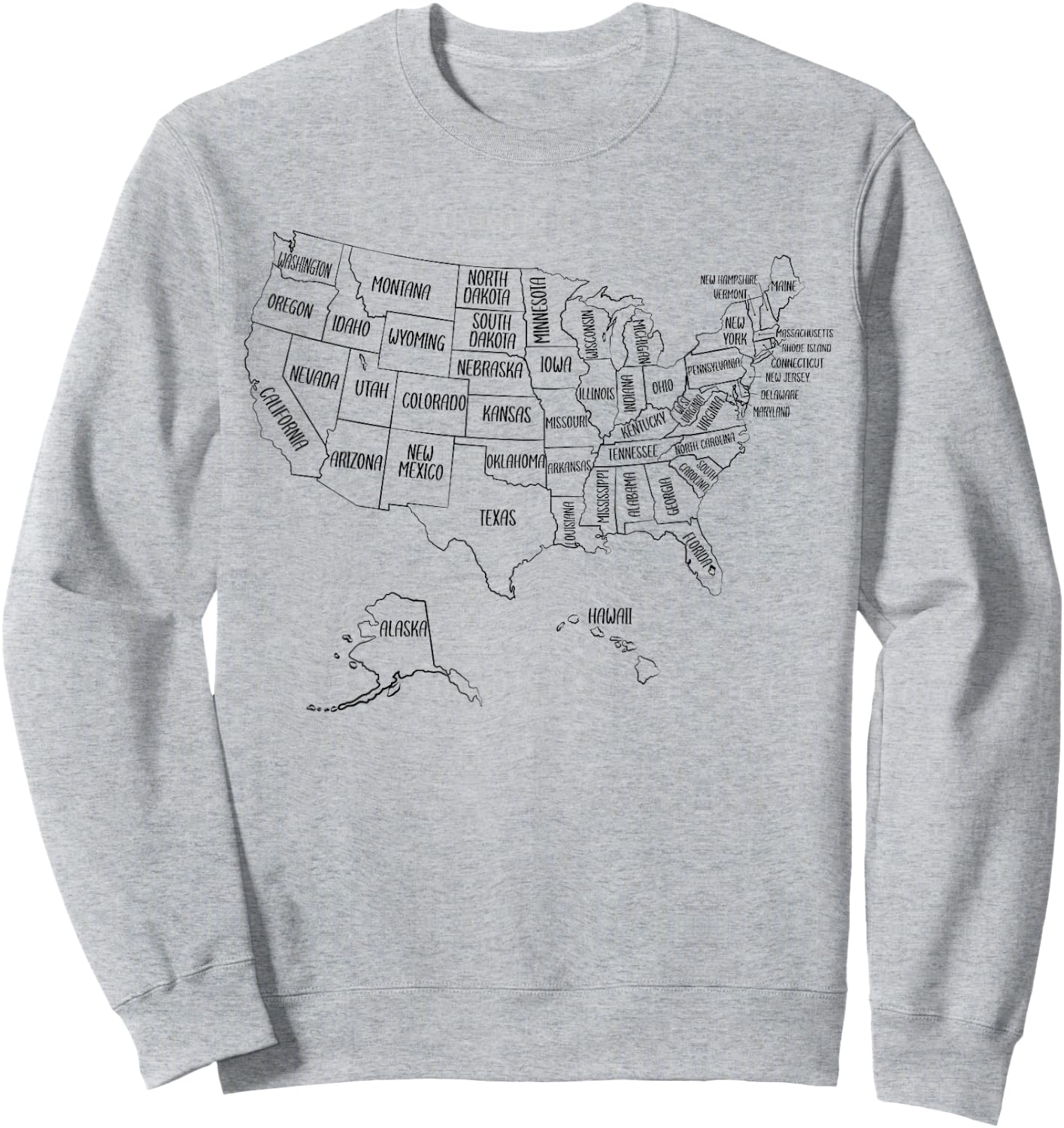Black Outline Map of the 50 United States, USA Political map Sweatshirt - Sweatshirt | Ash