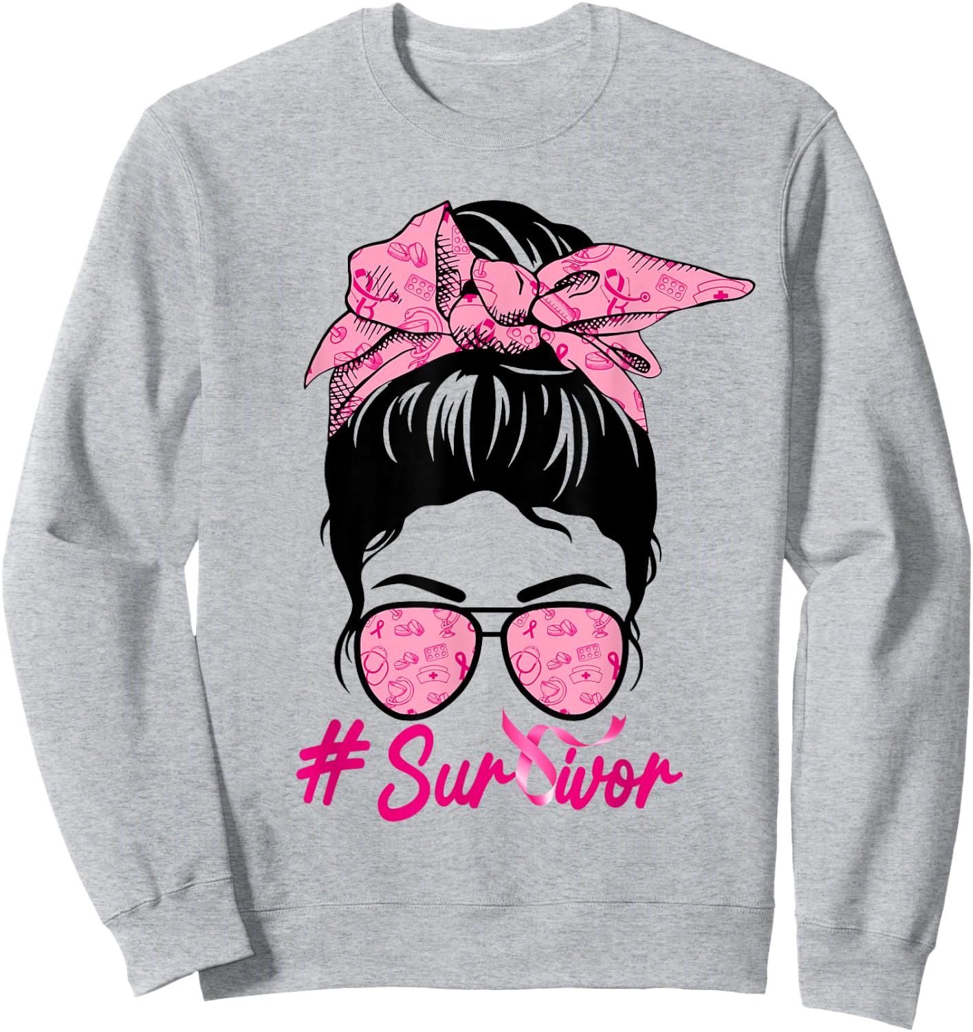 Survivor Messy Bun Pink Breast Cancer Awareness Sweatshirt - Sweatshirt | Ash