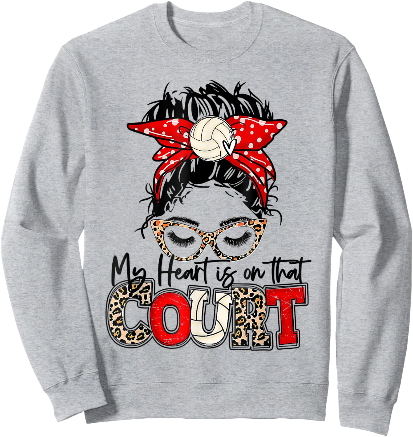 Leopard Messy Bun My Heart Is On That Court Volleyball Vibes Sweatshirt - Sweatshirt | Ash