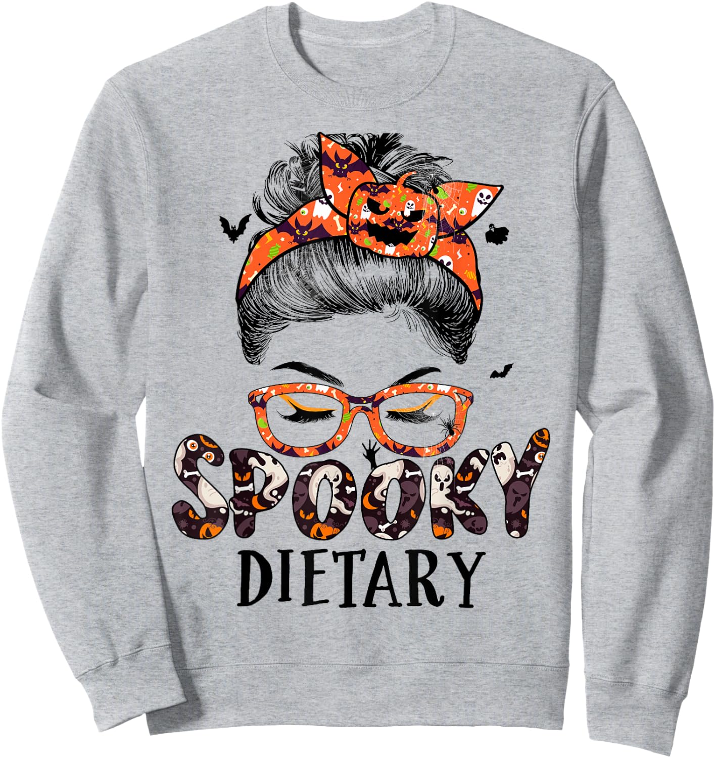 Messy Bun Spooky Dietary Women Pumpkin Halloween Bat Sweatshirt - Sweatshirt | Ash