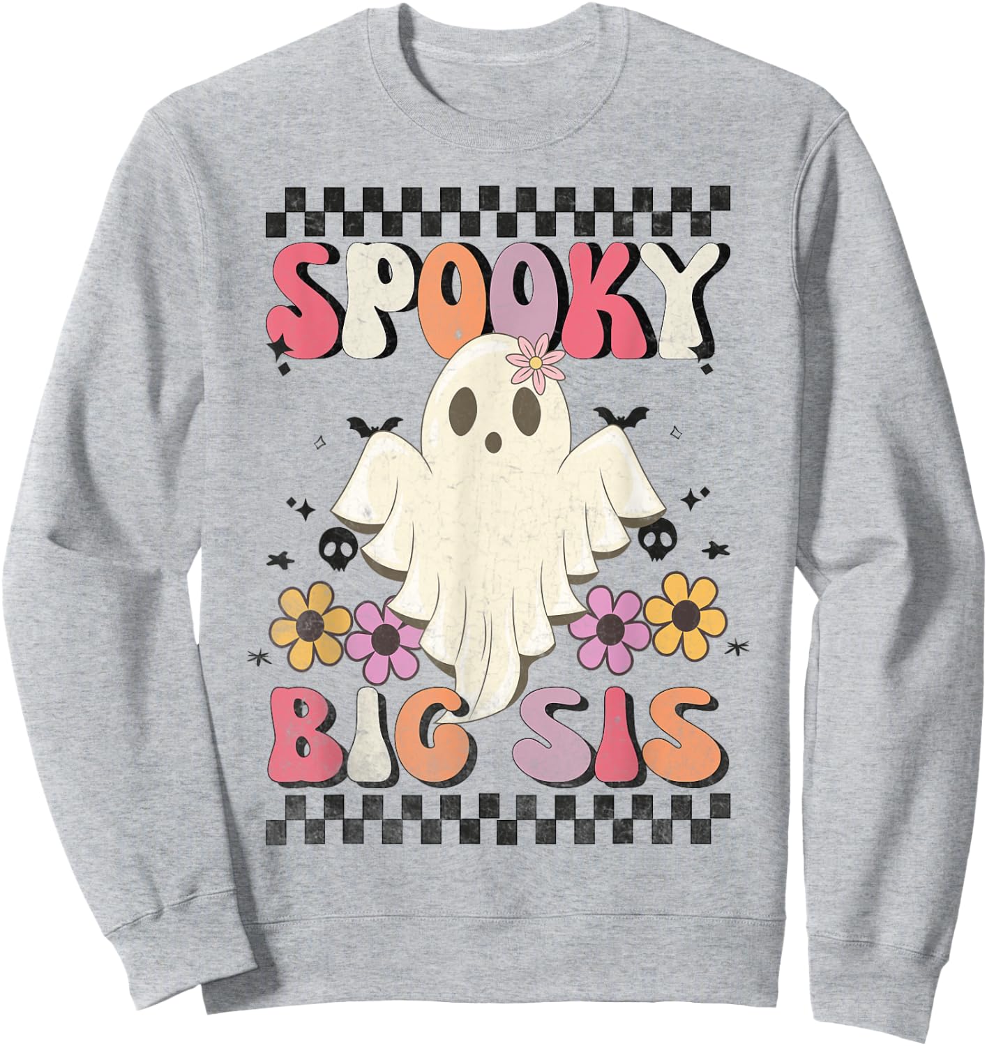 Spooky Big Sis Retro Groovy Halloween Big Sister Ghost Sweatshirt - Sweatshirt | Ash