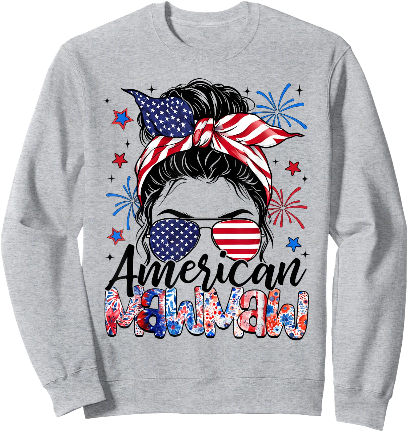 Mawmaw 4th Of July American Flag Patriotic Messy Bun Sweatshirt - Sweatshirt | Ash