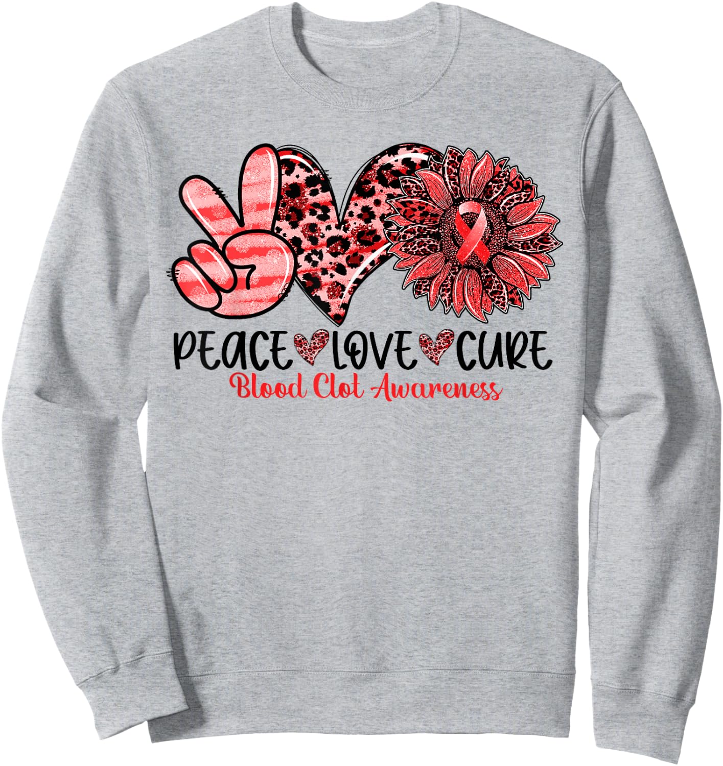 Peace Love Cure Sunflower Red Ribbon Blood Clot Awareness Sweatshirt - Sweatshirt | Ash