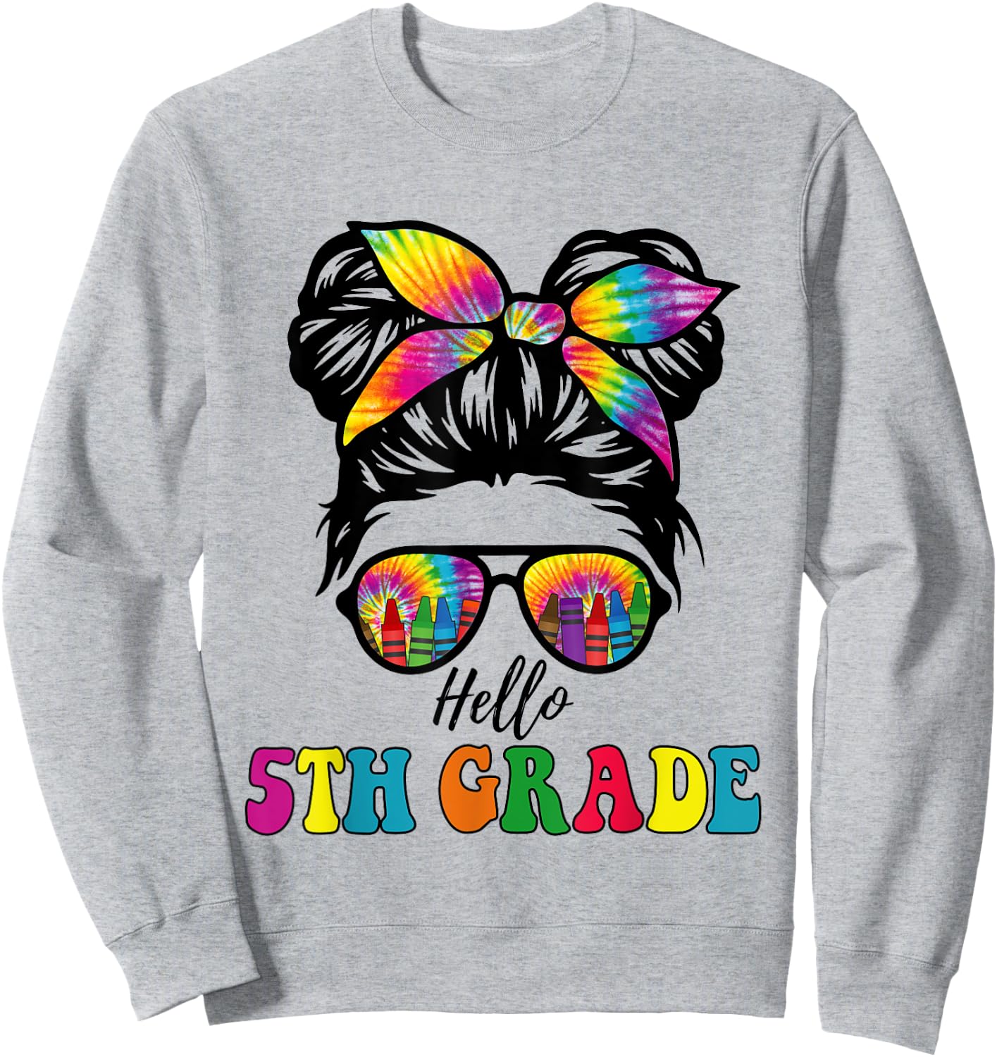 Hello 5th Grade Tie Dye Messy Bun Girl Back to School Kid Sweatshirt - Sweatshirt | Ash