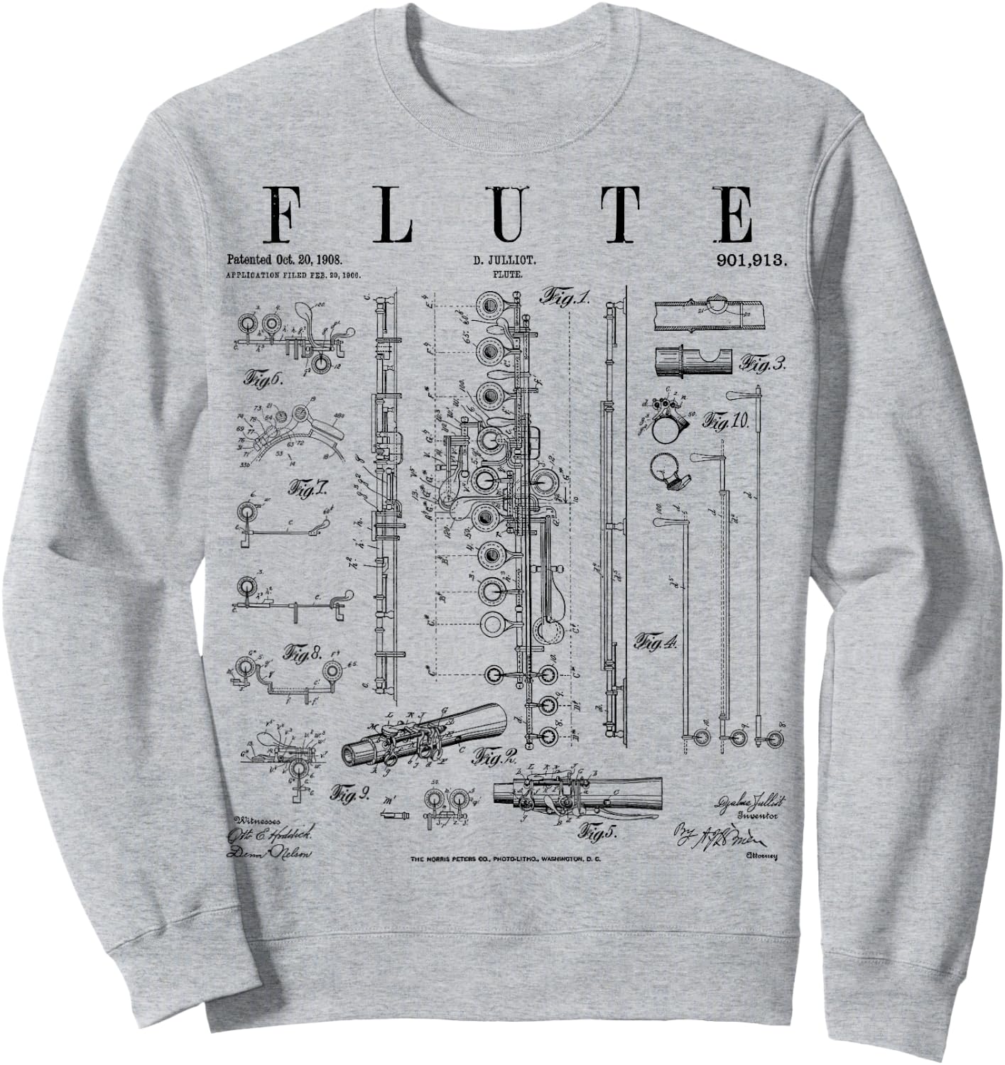Grandio Design Vintage Patent Drawing Gifts Flute Vintage Patent Flutist Flautist Drawing Print Sweatshirt - Sweatshirt | Ash