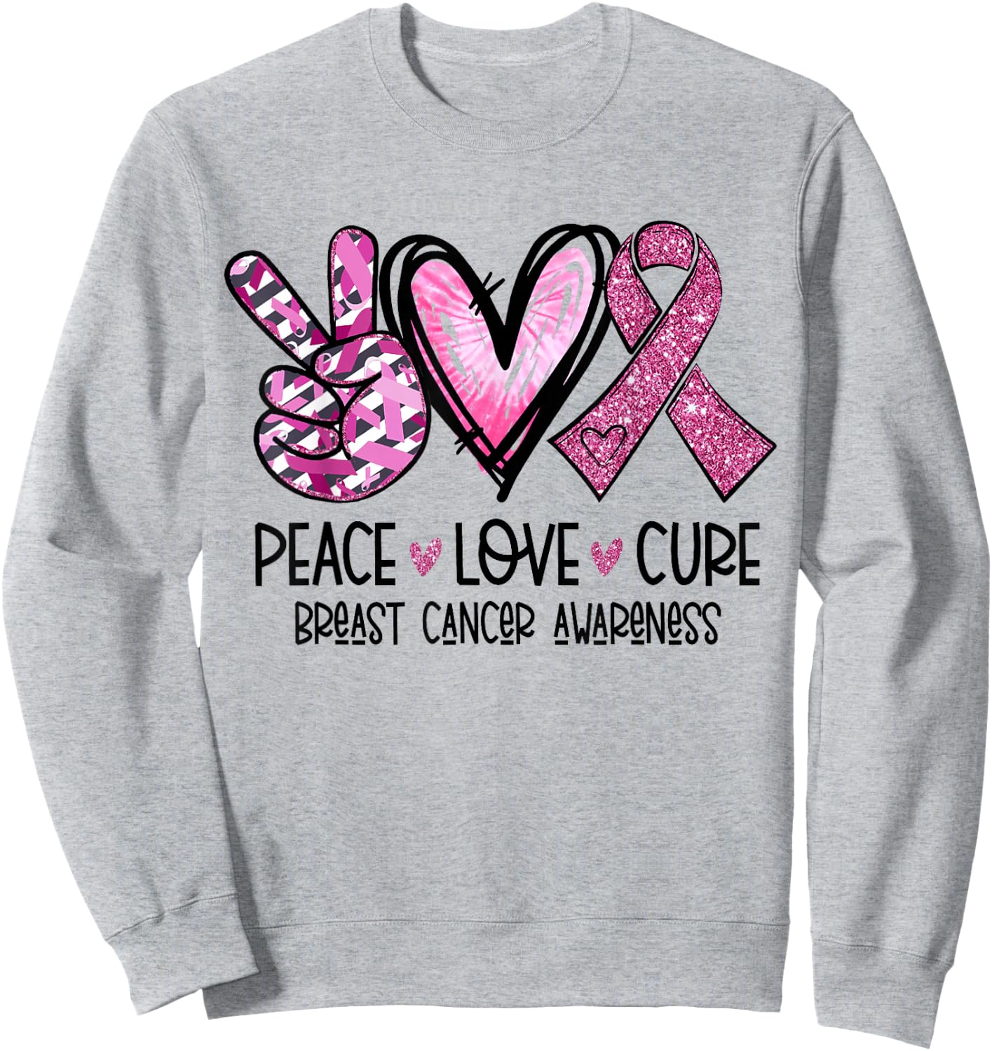 Peace Love Cure Pink Ribbon Cancer Breast Awareness Sweatshirt - Sweatshirt | Ash