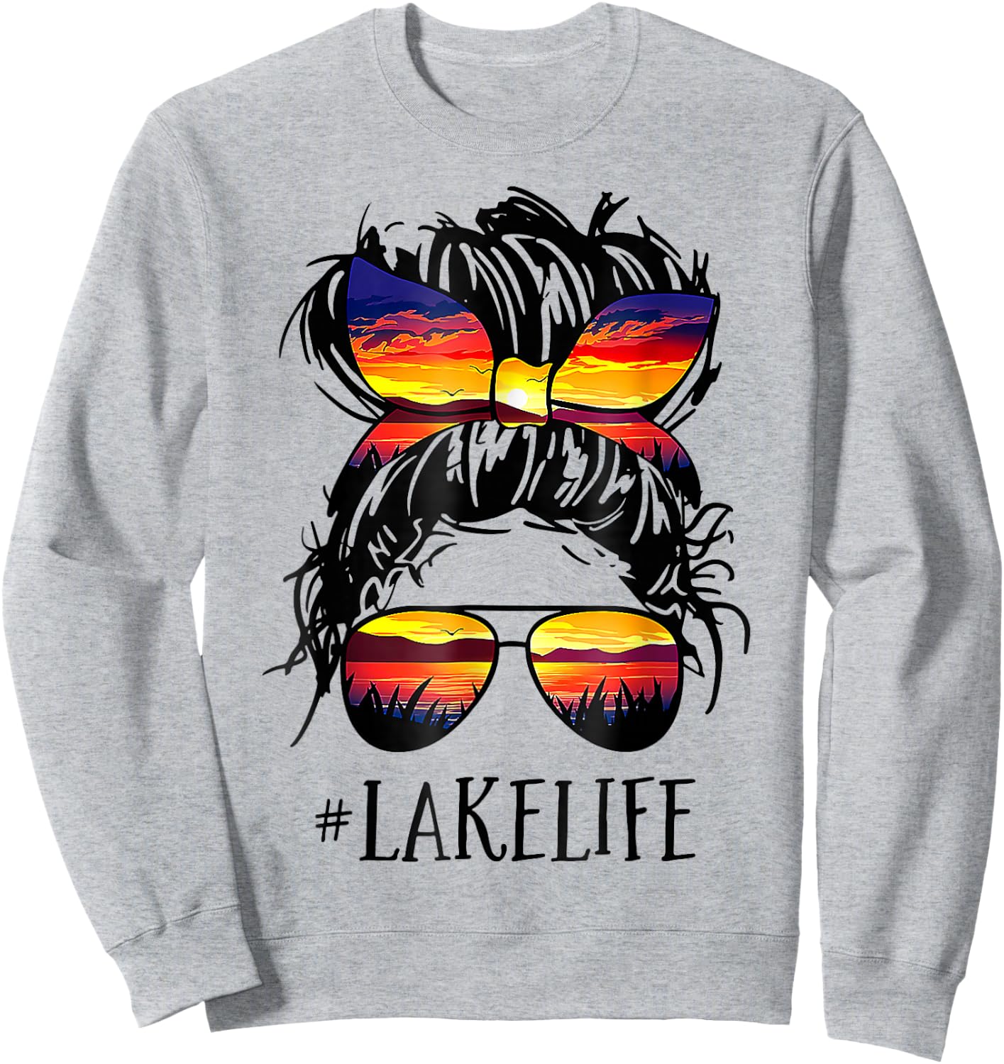 Lake Life Messy Bun Hair Girl Retro Lake Summer Sweatshirt - Sweatshirt | Ash