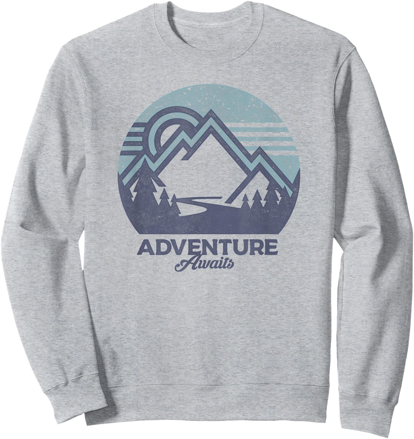 Trendy Adventure Awaits Graphic Blue Mountain Circle Sweatshirt - Sweatshirt | Ash