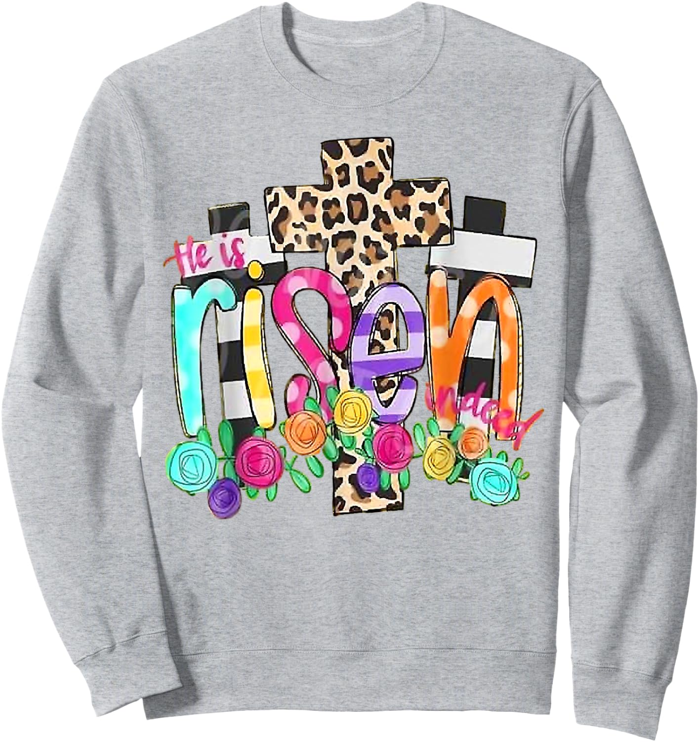 He Is Risen Leopard Cross Christian Jesus Happy Easter Day Sweatshirt - Sweatshirt | Ash
