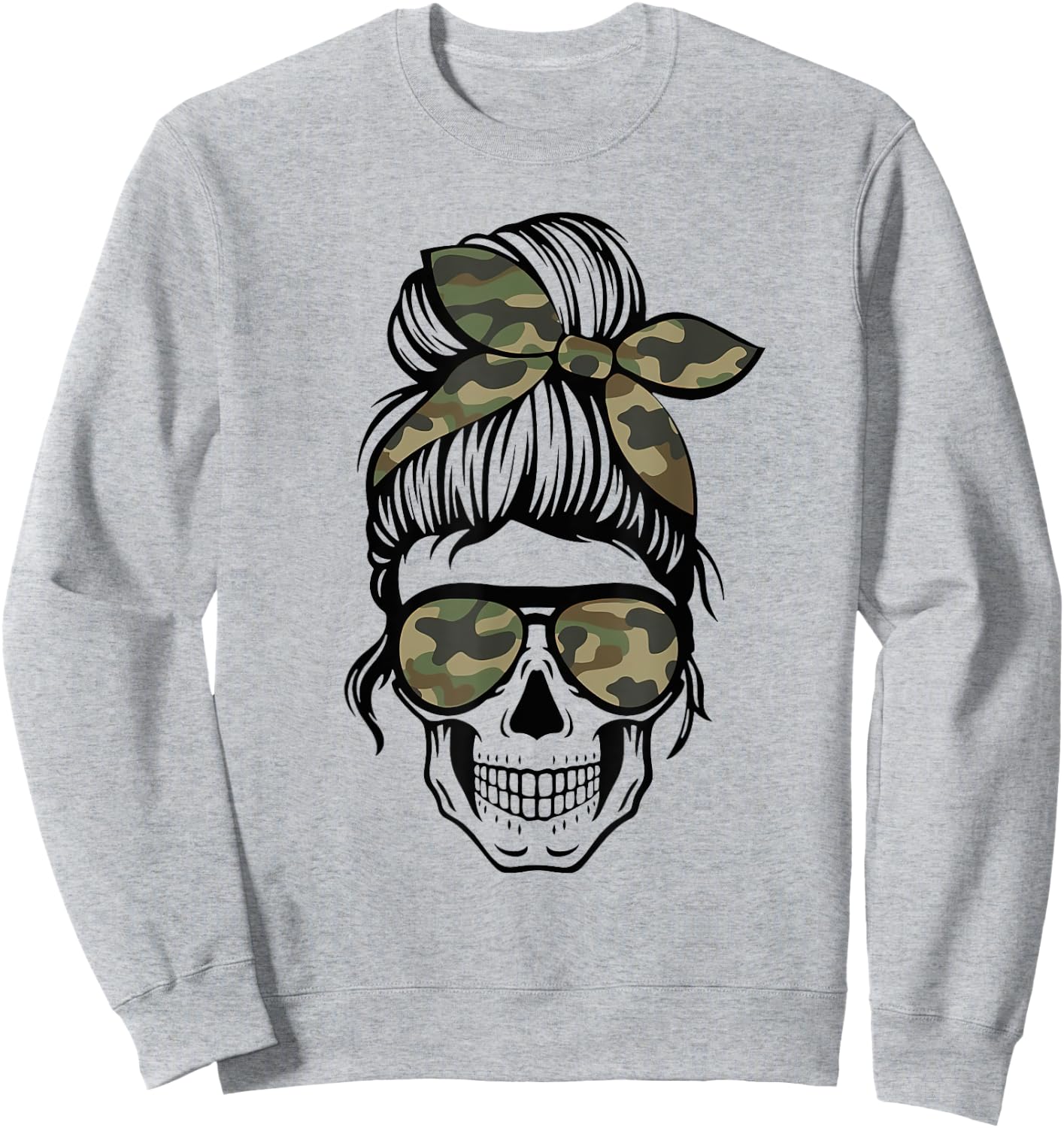 Camo Mom Skull Messy Bun Skull Mom Life Camo Patriotic Men Sweatshirt - Sweatshirt | Ash