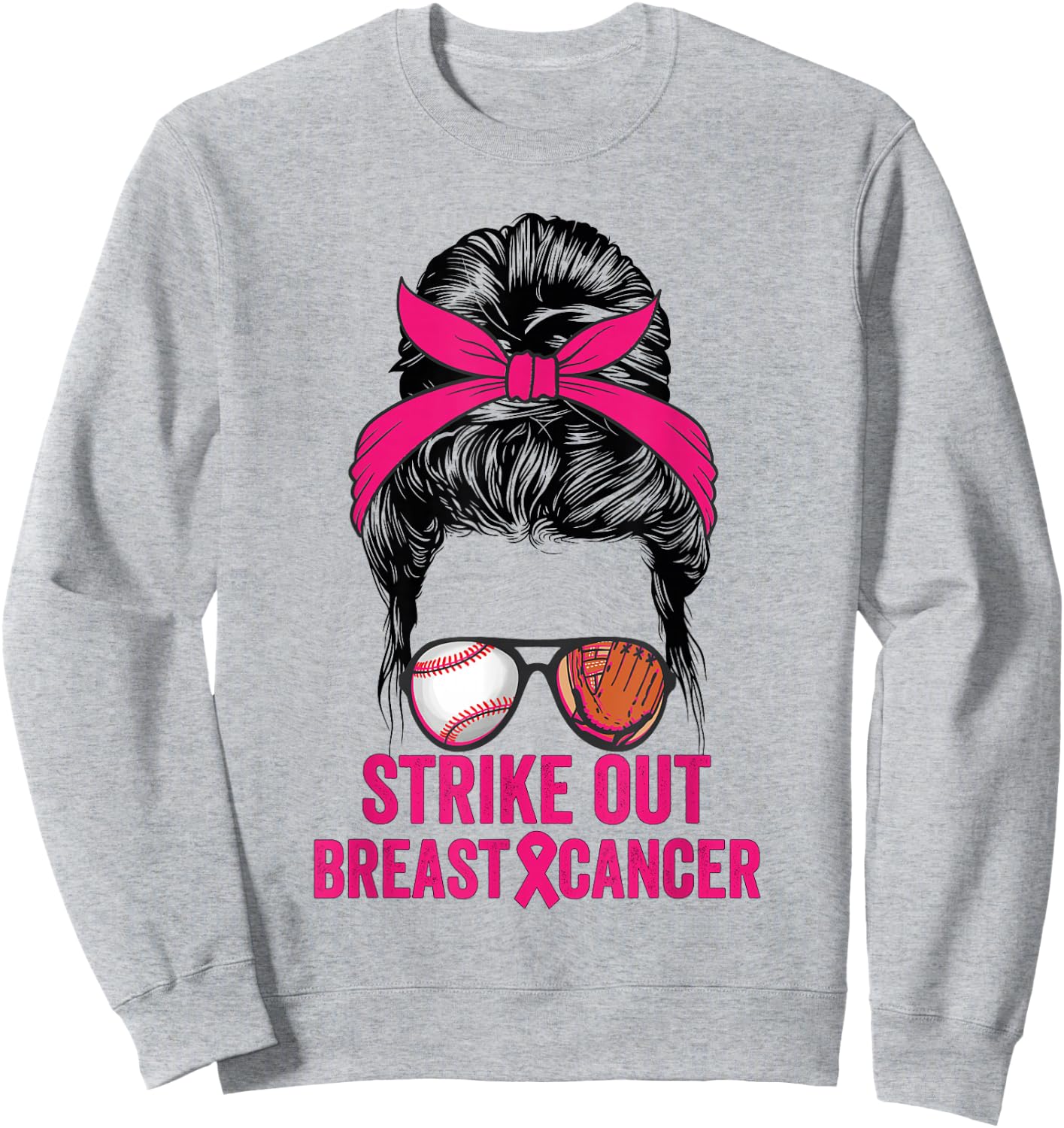 Strike Out Breast Cancer Awareness Messy Bun Baseball Sweatshirt - Sweatshirt | Ash
