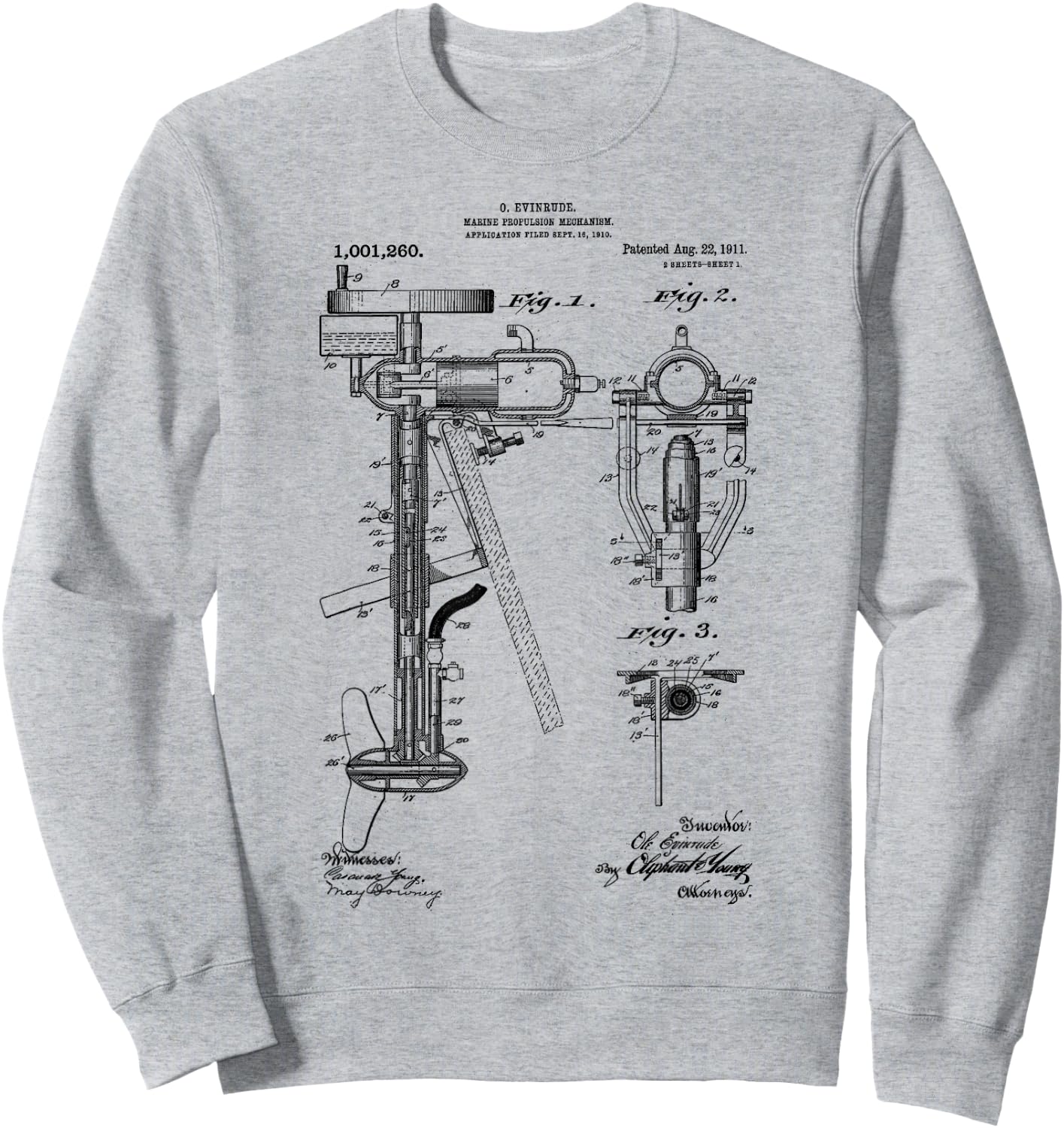 Vintage Patent Print 1911 Outboard Motor Blueprint Drawings Sweatshirt - Sweatshirt | Ash
