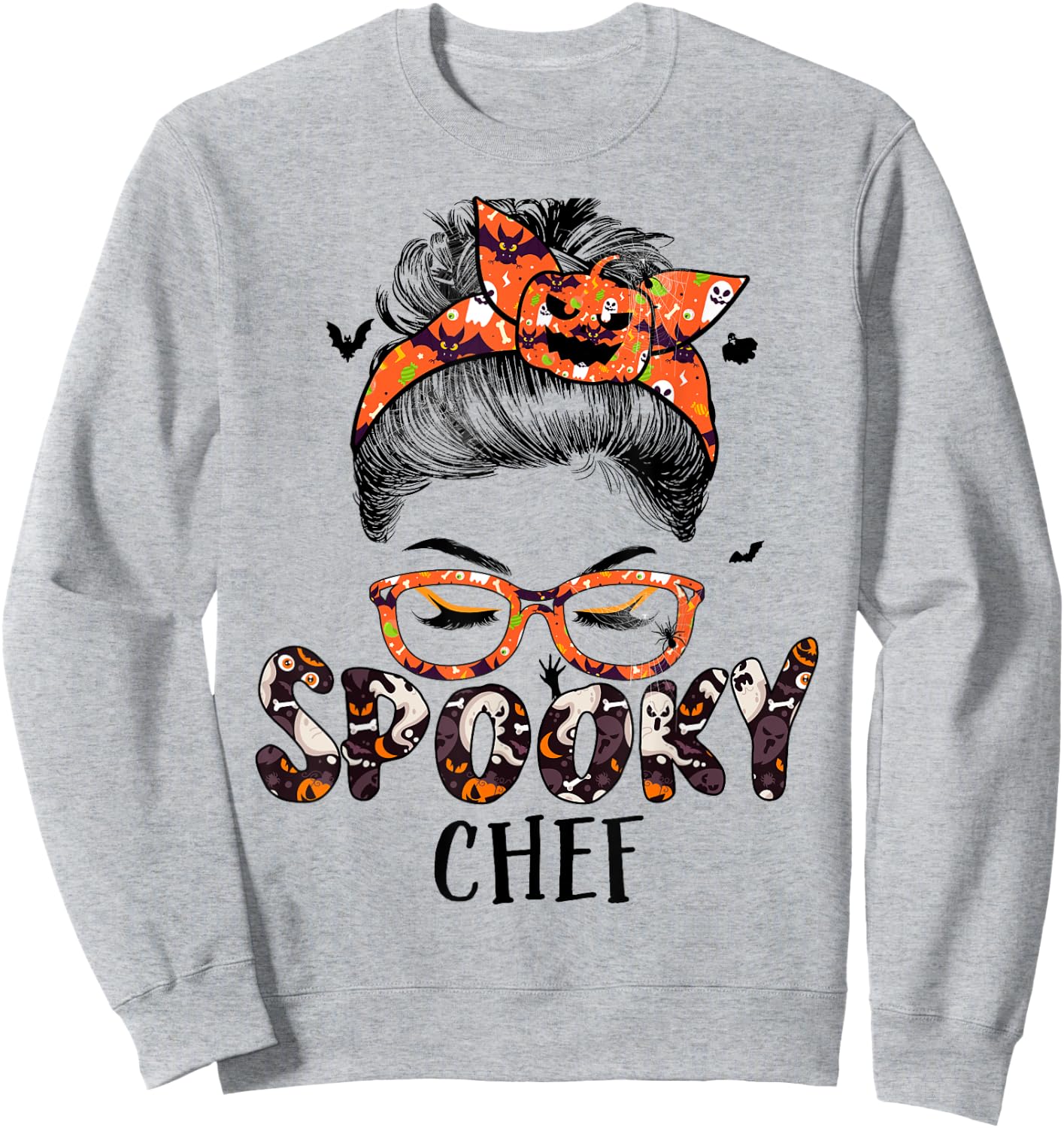 Messy Bun Spooky Chef Women Pumpkin Halloween Bat Sweatshirt - Sweatshirt | Ash