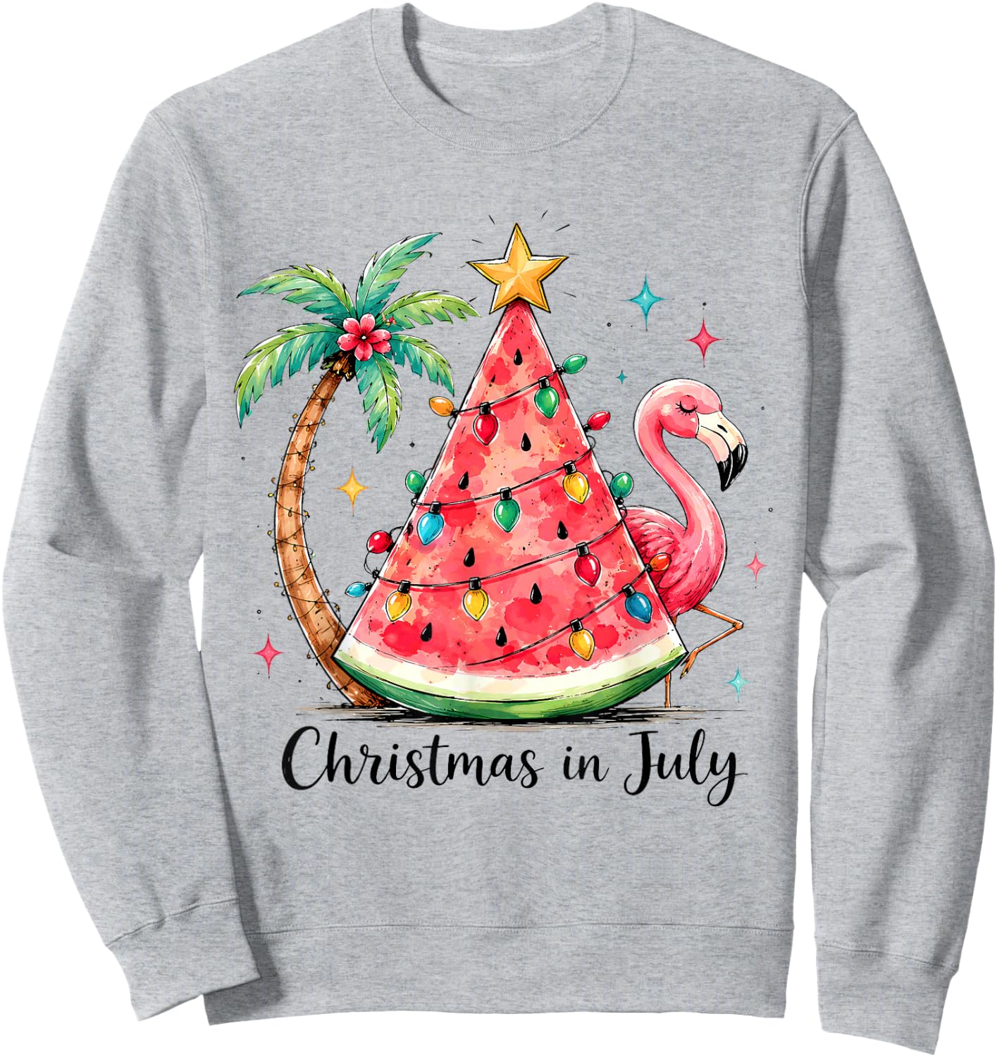Christmas in July Watermelon Tree Flamingo Palm Tropical Sweatshirt - Sweatshirt | Ash