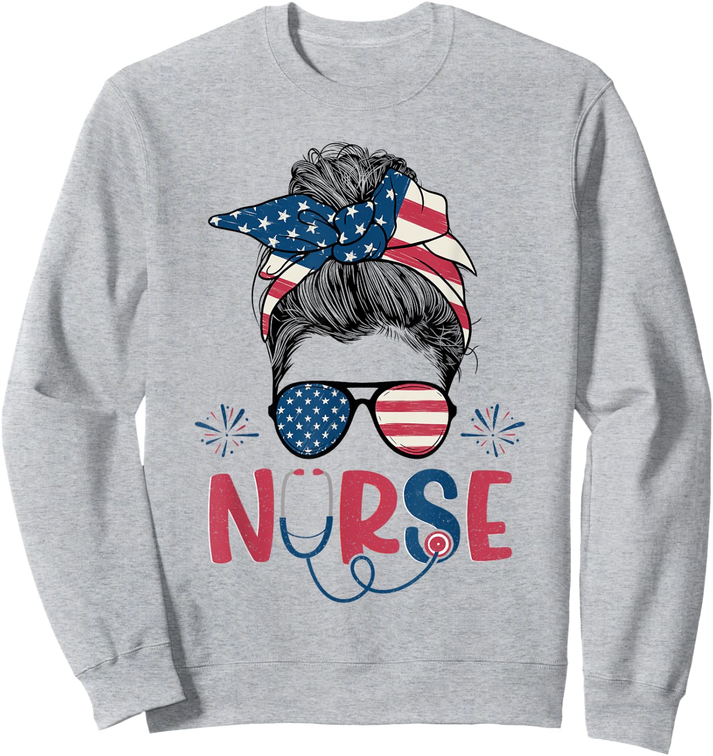 American Flag Patriotic Nurse Messy Bun 4th Of July Nurse Kids Men Sweatshirt - Sweatshirt | Ash