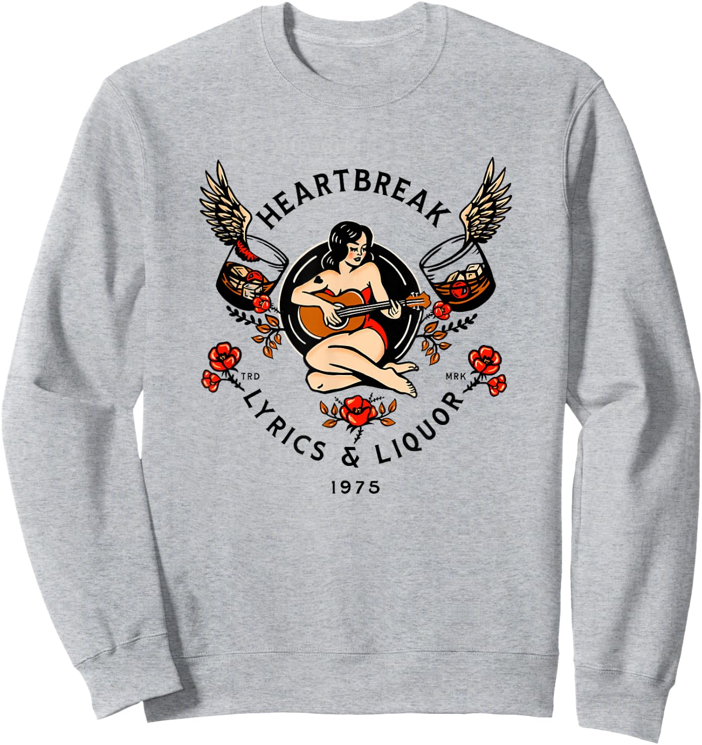Heartbreak Lyrics & Liquor. Vintage Pinup Girl Guitar Art Small Sweatshirt - Sweatshirt | Ash