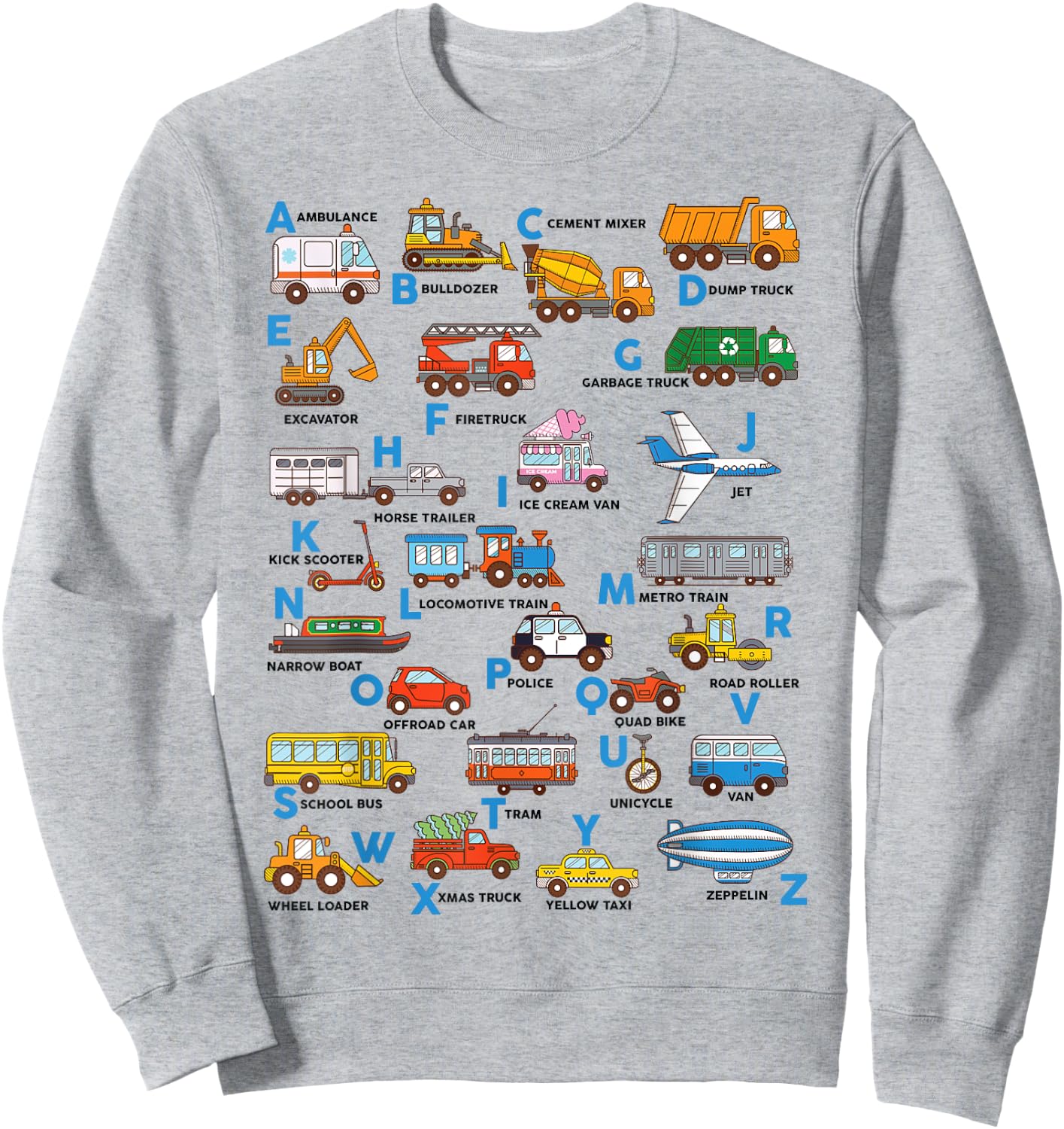 Alphabet Vehicles ABCs Learning Teachers Kids Boys Girls Sweatshirt - Sweatshirt | Ash